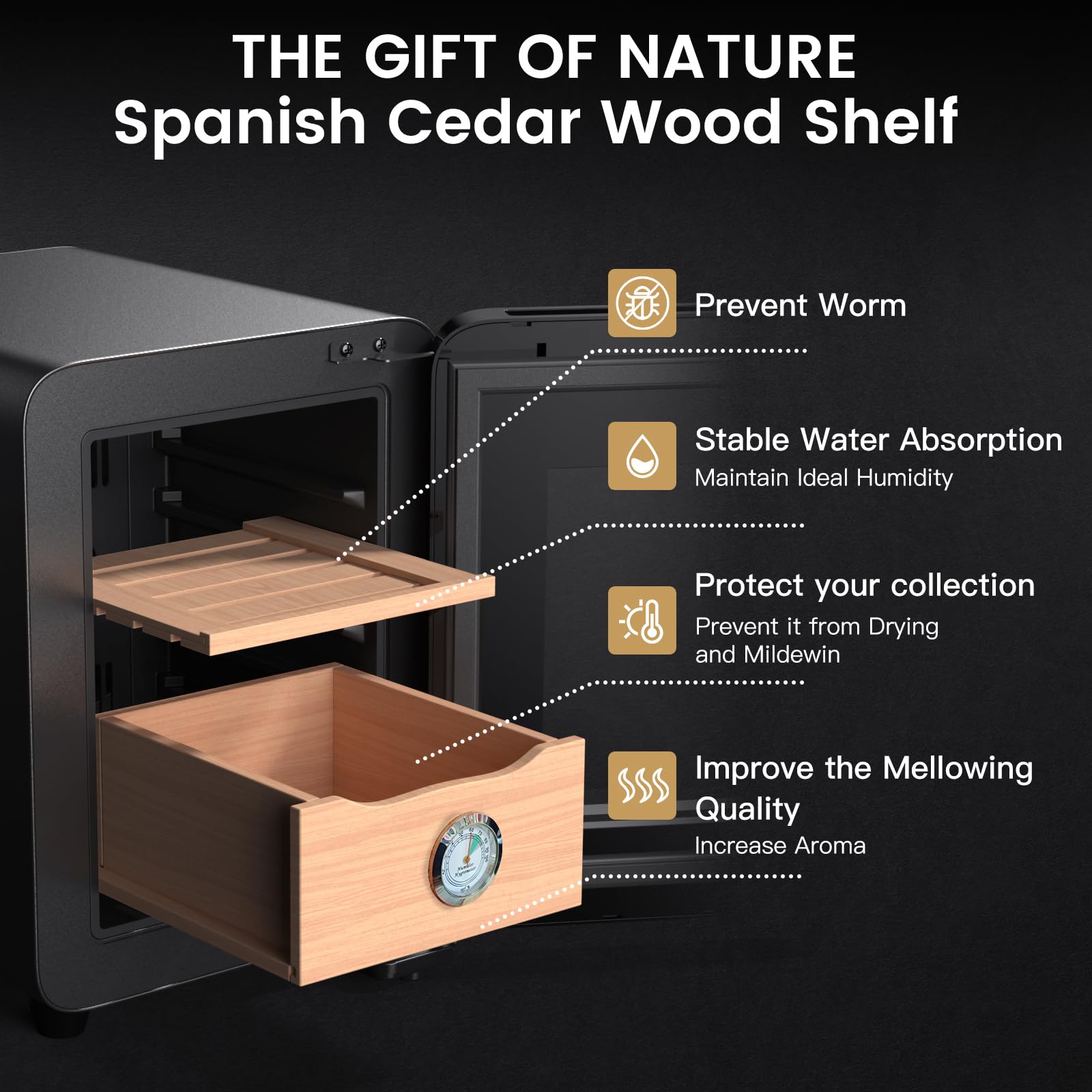 KingChii 8L Electric Cigar Humidor with Temperature Control - Spanish Cedar Wood Shelves & Drawer Hygrometer - 80 Cigar Capacity - Perfect Gift for Men - Ideal for Home, Office, or Cigar Lounge Storage