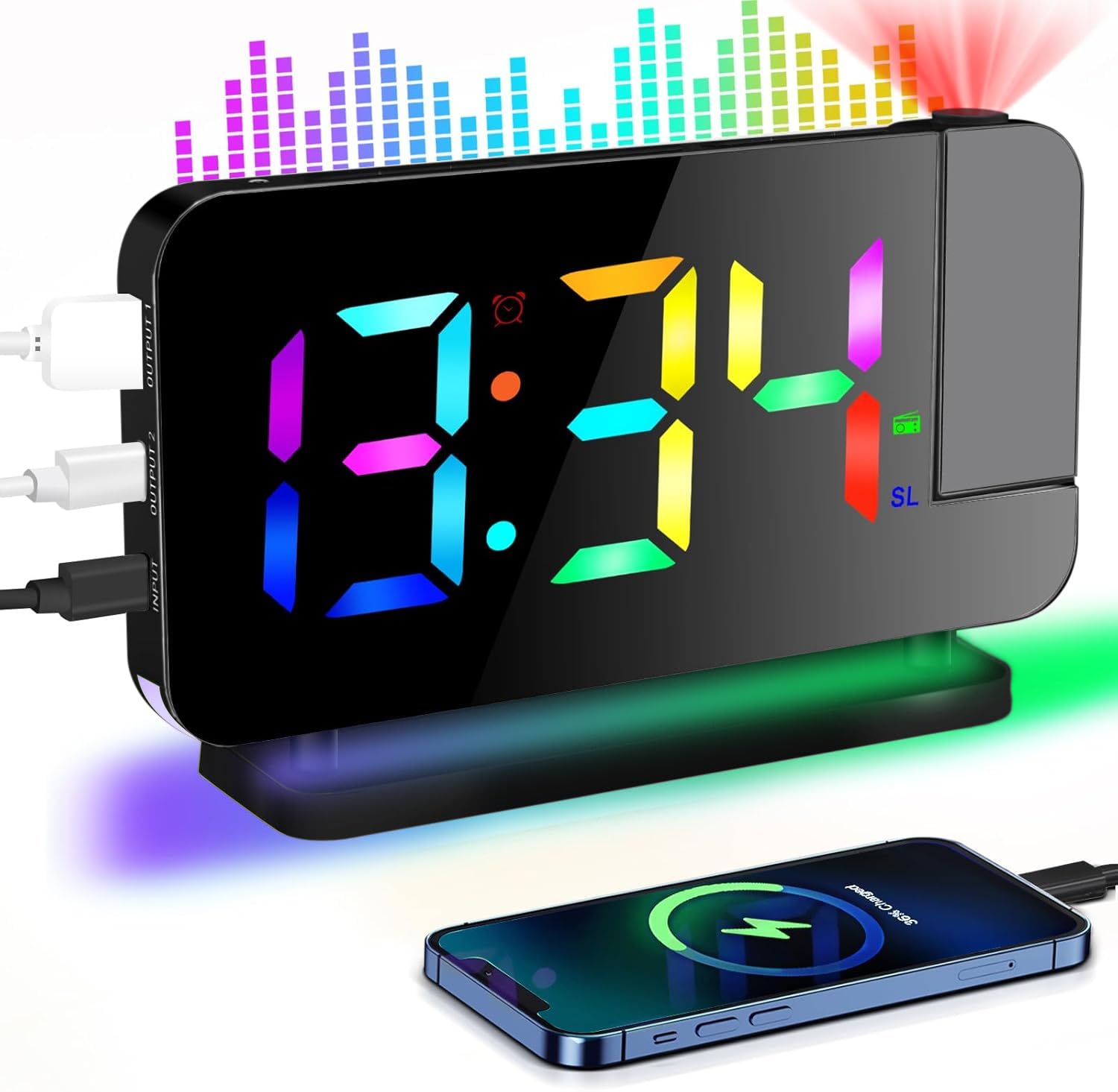 Digital Projection Alarm Clock with 180° Rotatable LED Mirror Display - RGB Night Light, USB Charger, Auto Dimmer, FM Radio & Snooze Function - Perfect for Bedrooms, Home Office & Travel (Black)