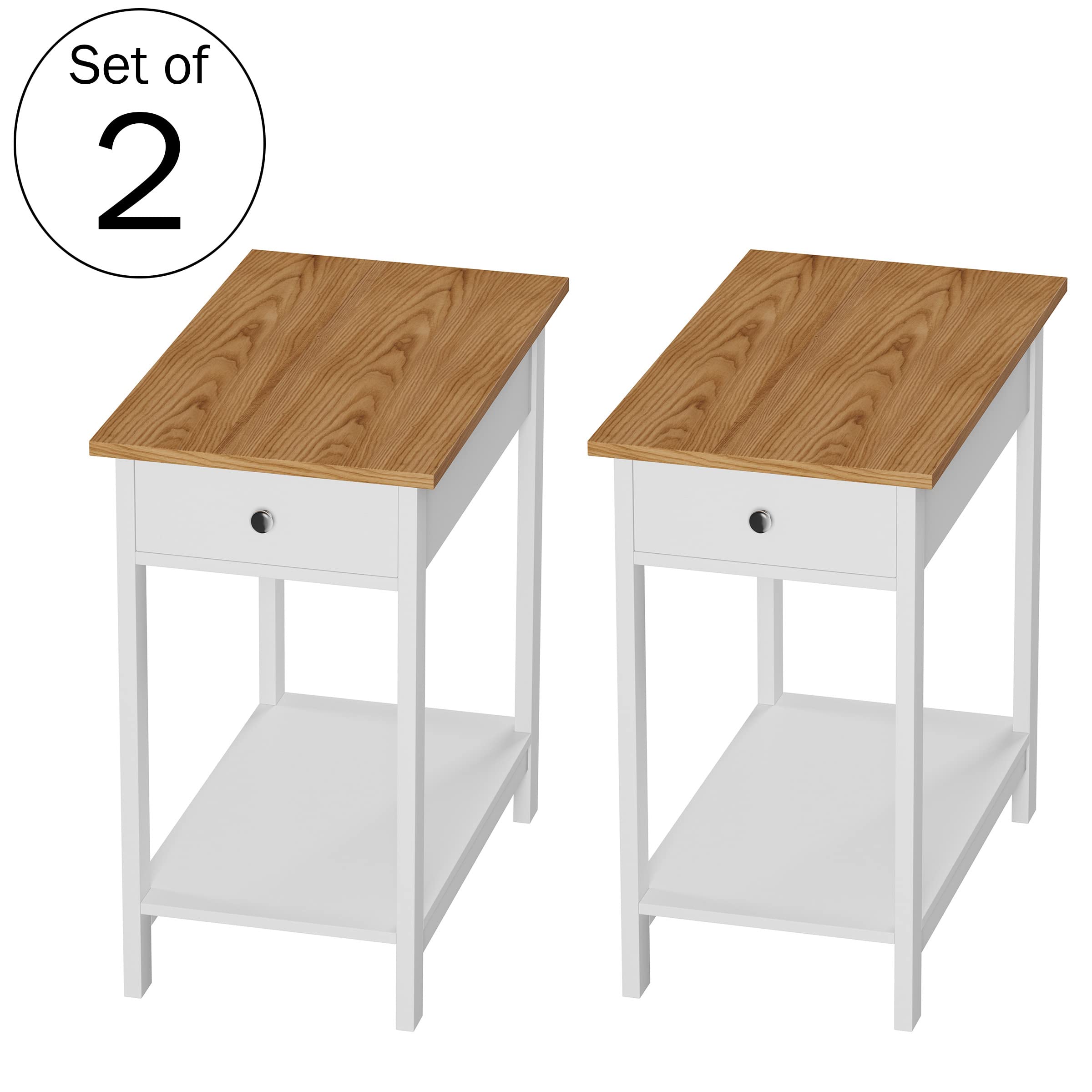 Lavish Home Side Table Set of 2 - Small Nightstand with Drawer & Open Shelf - Traditional Style Bedroom & Living Room Furniture - White - Perfect as Bedside Tables, End Tables, or Accent Furniture for Home Decor