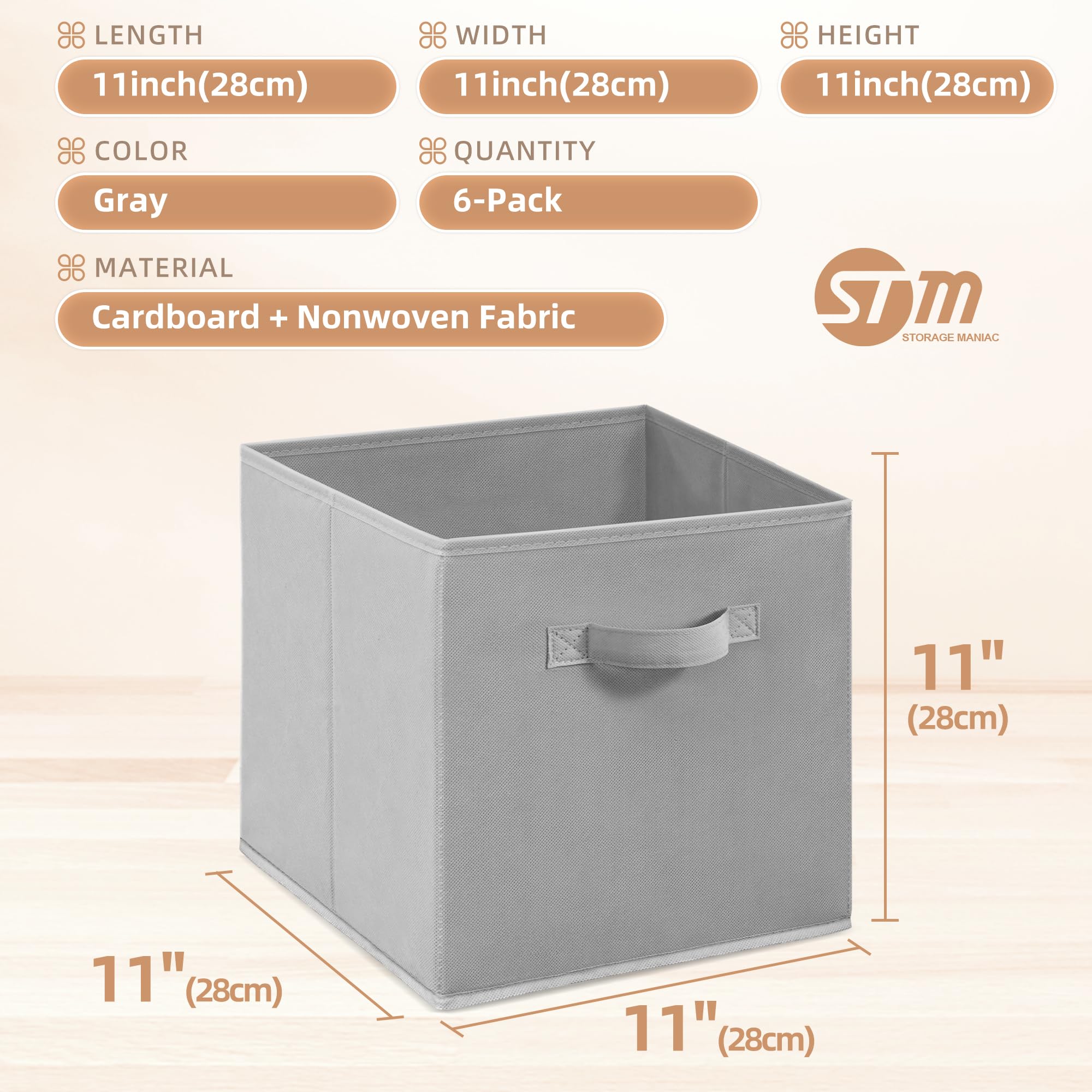 STORAGE MANIAC 11 Inch Collapsible Storage Bins with Handles - 6 Pack Foldable Fabric Organizer Bins for Closet, Shelves, Office, Toys - Grey | Space-Saving Home & Kids Room Organization Solution