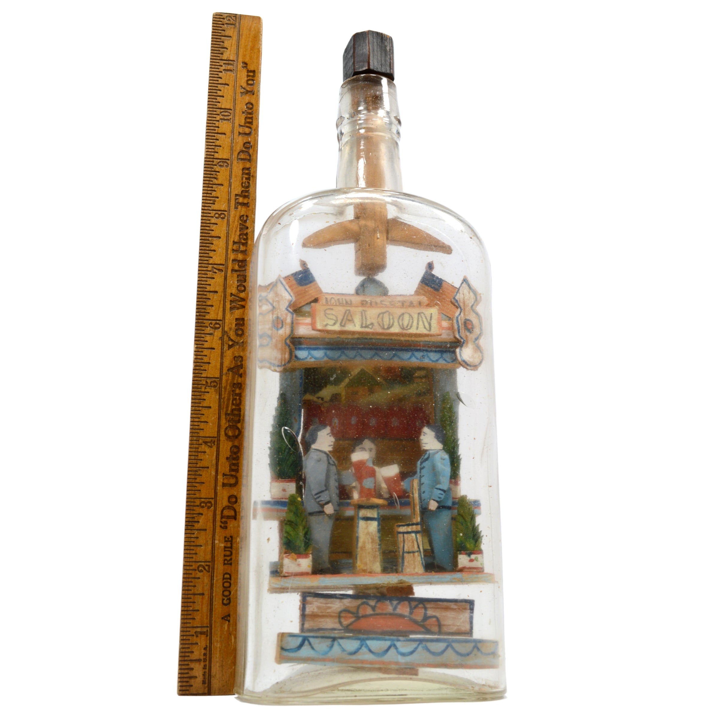 Antique UNSIGNED CARL WORNER Whimsical FOLK ART SALOON IN A BOTTLE with Hidden Man - Rare Collectible for Home Decor & Vintage Enthusiasts