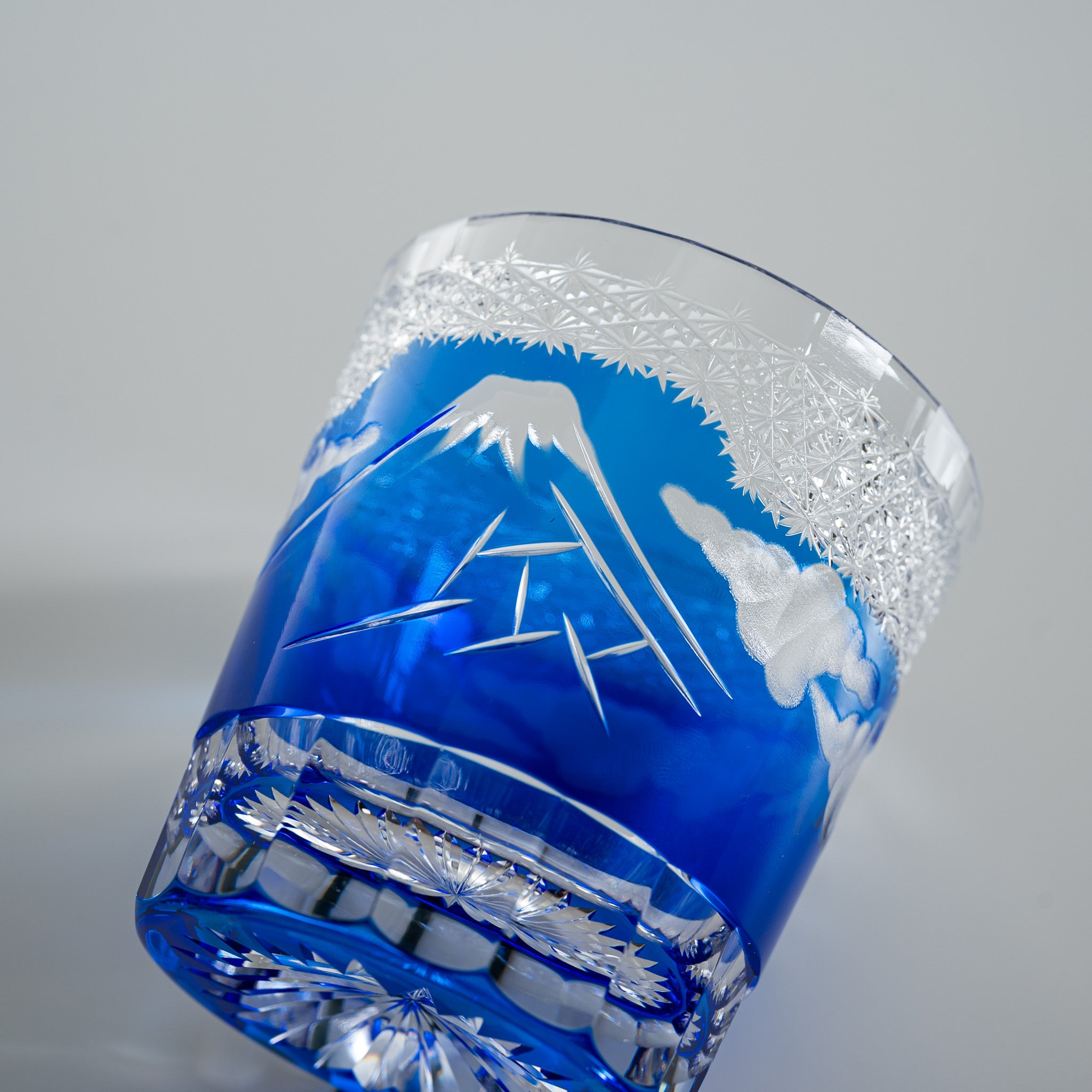 Yamada Crystal Glass Rock Glass with Mt Fuji Design - Blue Whiskey Tumbler for Bourbon, Scotch & Cocktails - Perfect for Home Bar, Gifts & Parties