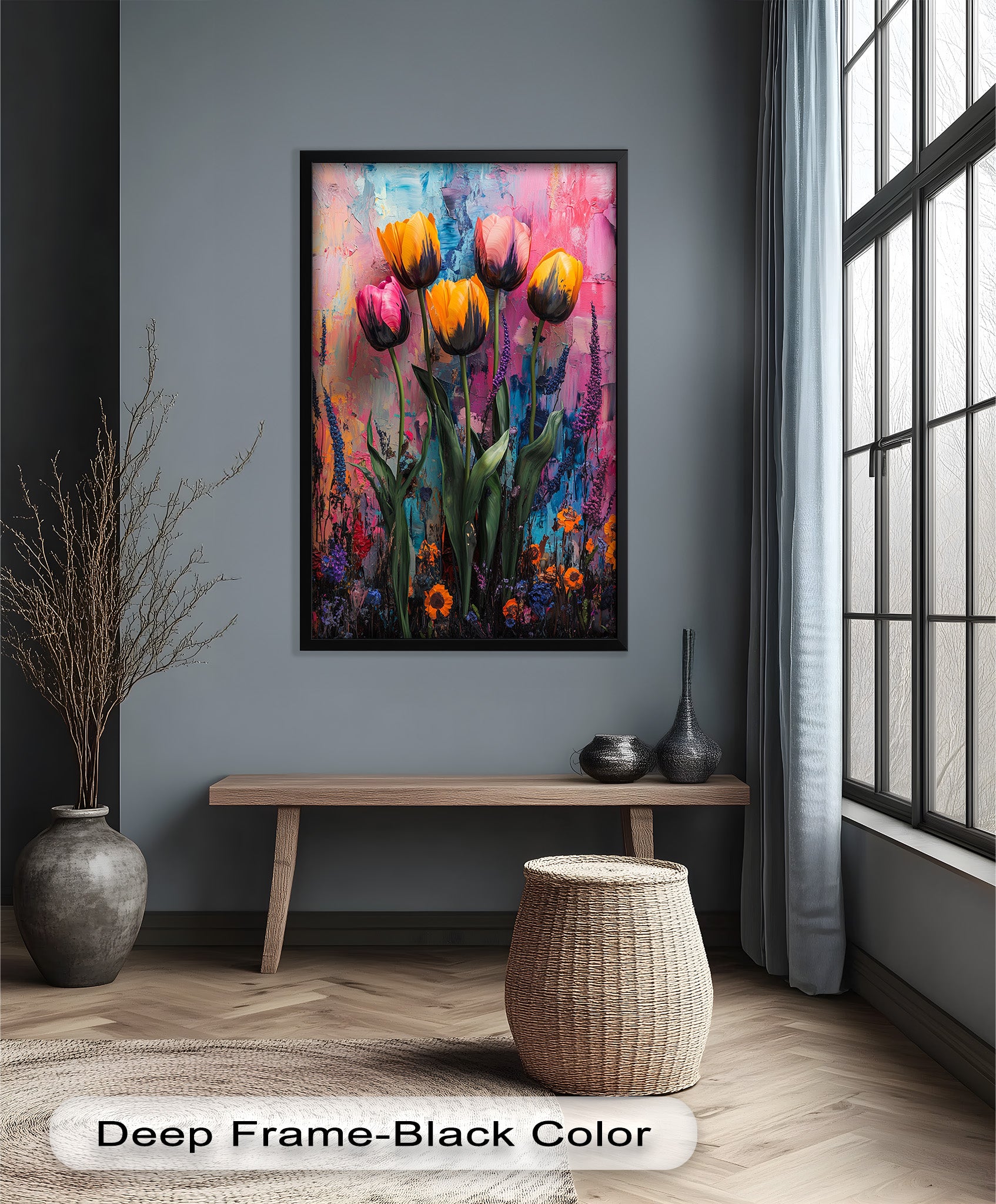 Vibrant Tulip Garden Oil Painting - Handmade Floral Artwork for Home Decor, Living Room, Bedroom & Office Wall Art