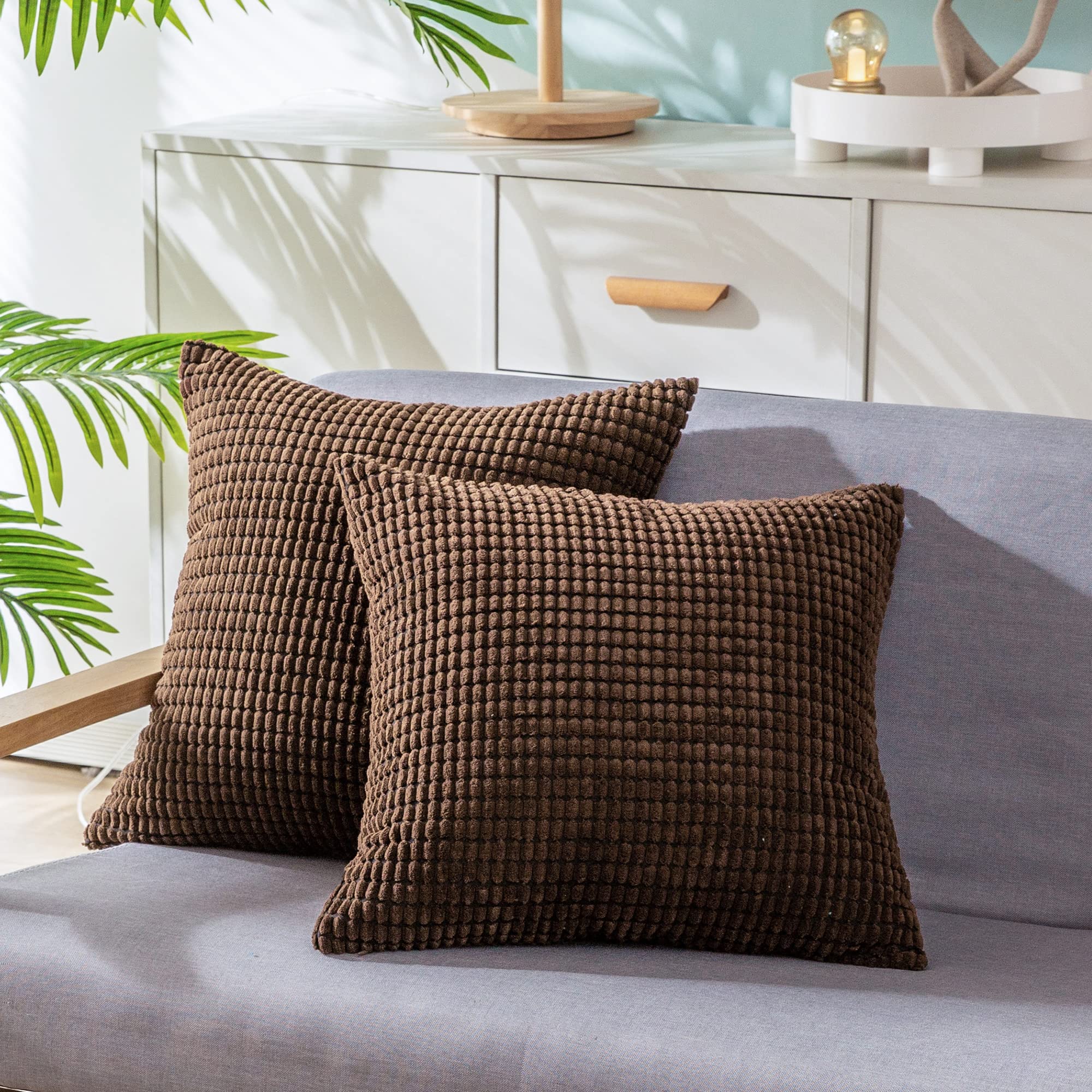 Premium Corduroy Striped Throw Pillow Covers Set of 2 - 24x24 Inch Soft Waffle Textured Decorative Cushion Cases for Sofa, Couch & Bed - Farmhouse Style Home Decor in Warm Brown - Perfect for Living Room, Bedroom & Cozy Reading Nook