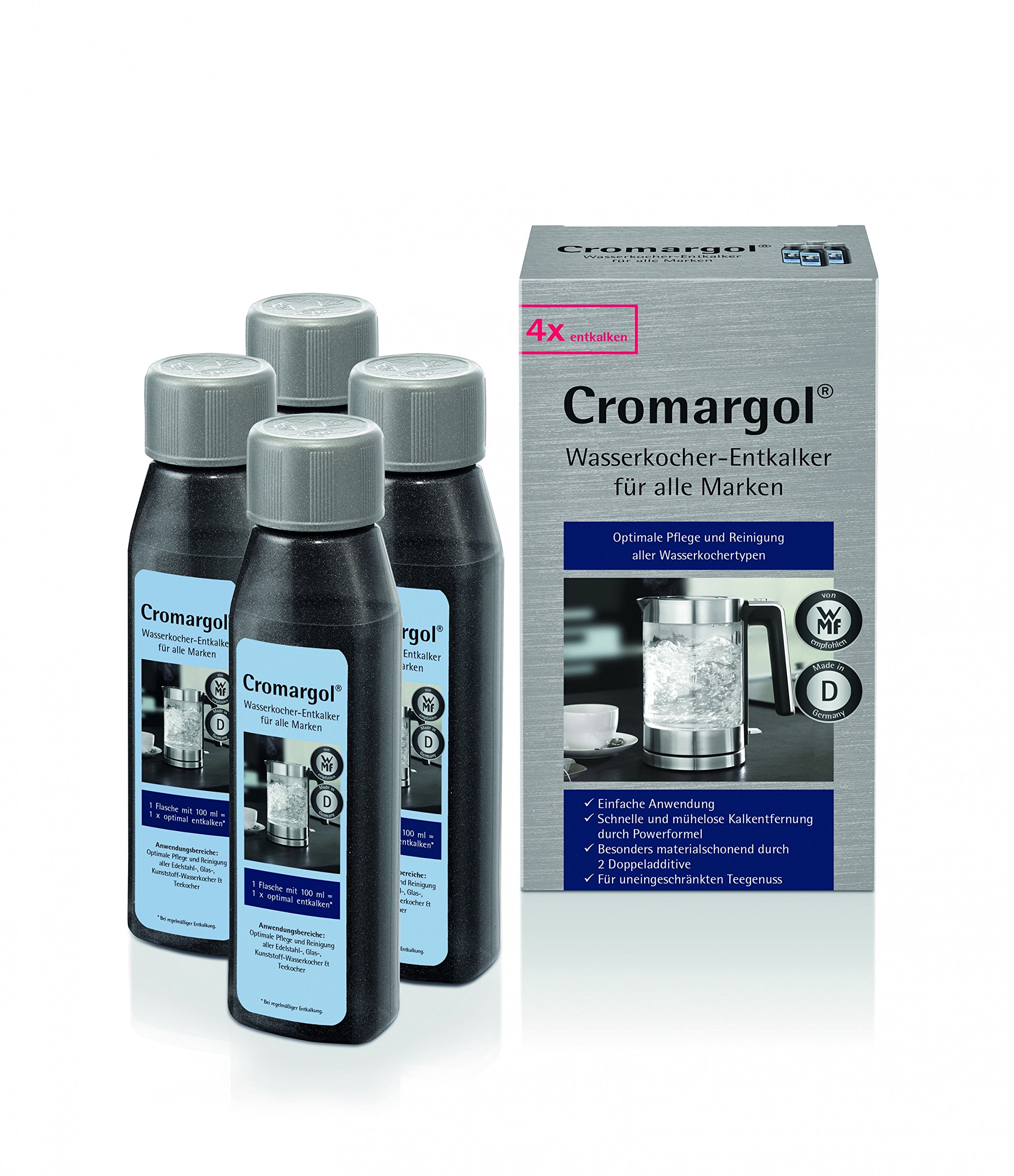 Cromargel 4-Pack Water Cooker Descaler - Safe for Stainless Steel, Glass & Plastic Kettles & Coffee Makers (4 x 100ml) - Removes Limescale & Mineral Buildup for Better Tasting Tea & Coffee