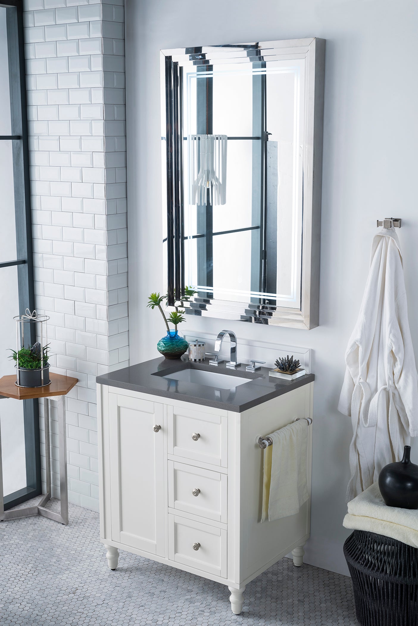 Copper Cove Encore 30 Inch Single Bathroom Vanity Set with 3CM Grey Expo Quartz Top - Bright White Finish for Modern Home & Apartment Bathrooms