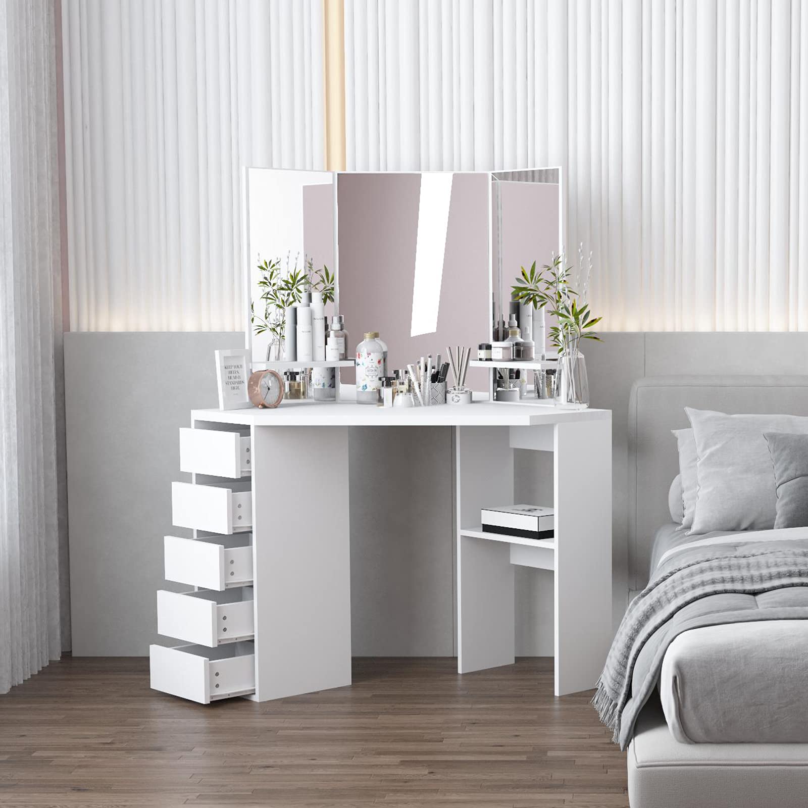 Corner Makeup Vanity Table with Mirror, Makeup Desk with Counter Space & 5 Drawers - Dressing Room & Bedroom Furniture for Women, Girls | Perfect for Home Beauty Salon, Bedroom Organization & Makeup Storage