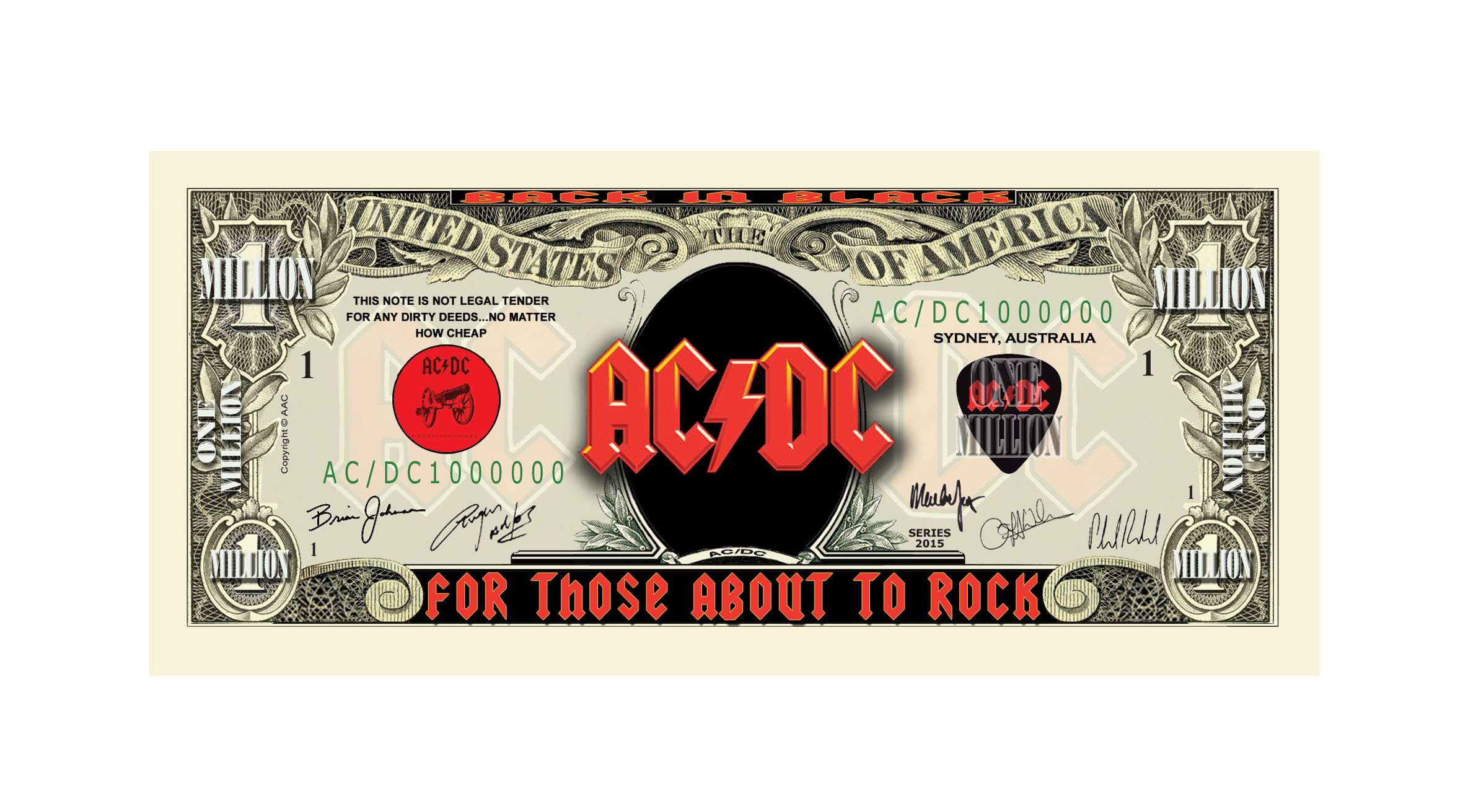 AC/DC Million Dollar Bill - Pack of 5 American Rock Band Collectible Art Prints - Perfect Gift for Music Fans, Wall Decor for Bedroom & Man Cave