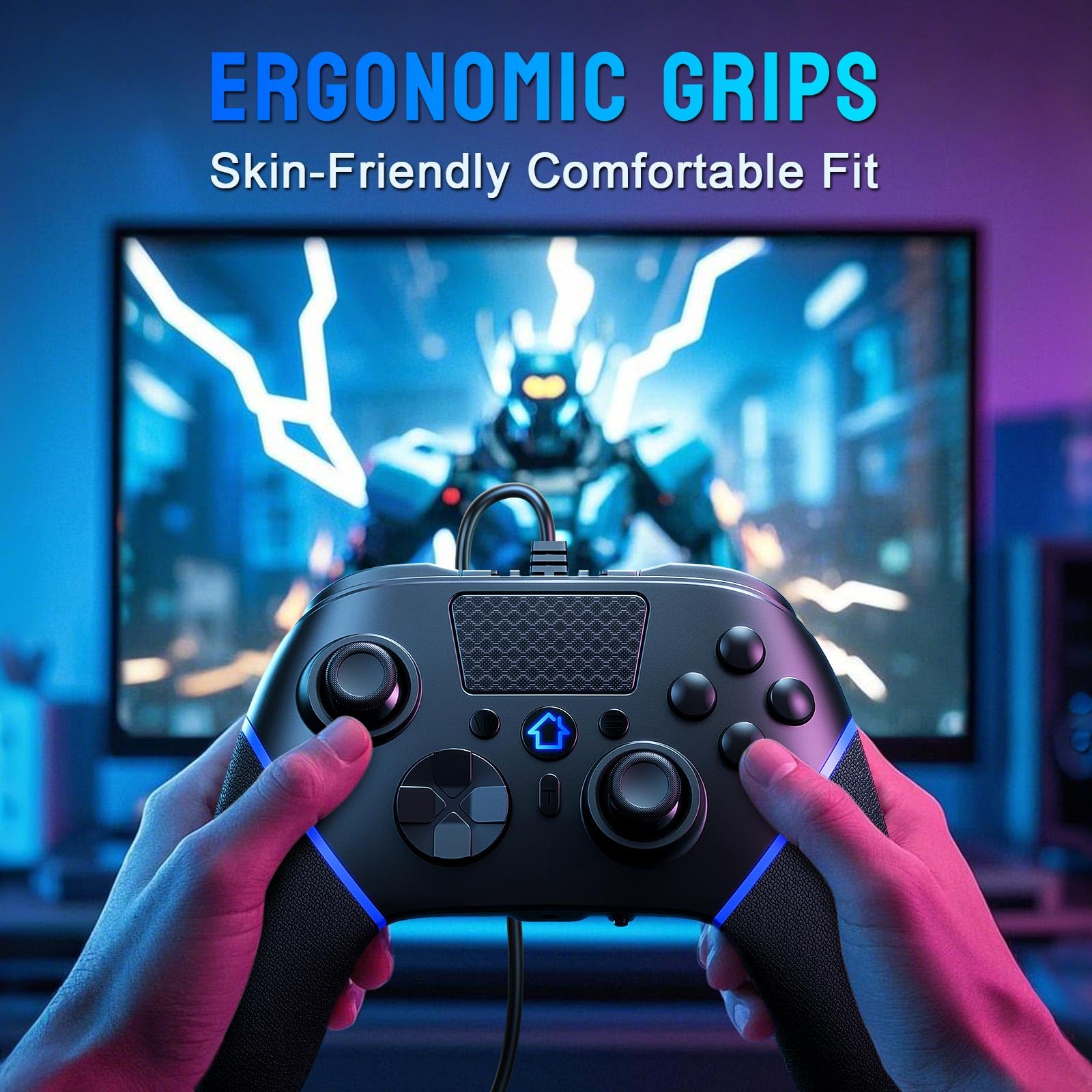 DIANVEN Wired Gaming Controller for PS5 - Hall Effect Joystick & Triggers, Turbo Mode, Dual Vibration - Compatible with Playstation 5/PS4/PC (Black & Blue) | Perfect for FPS, Racing & Fighting Games