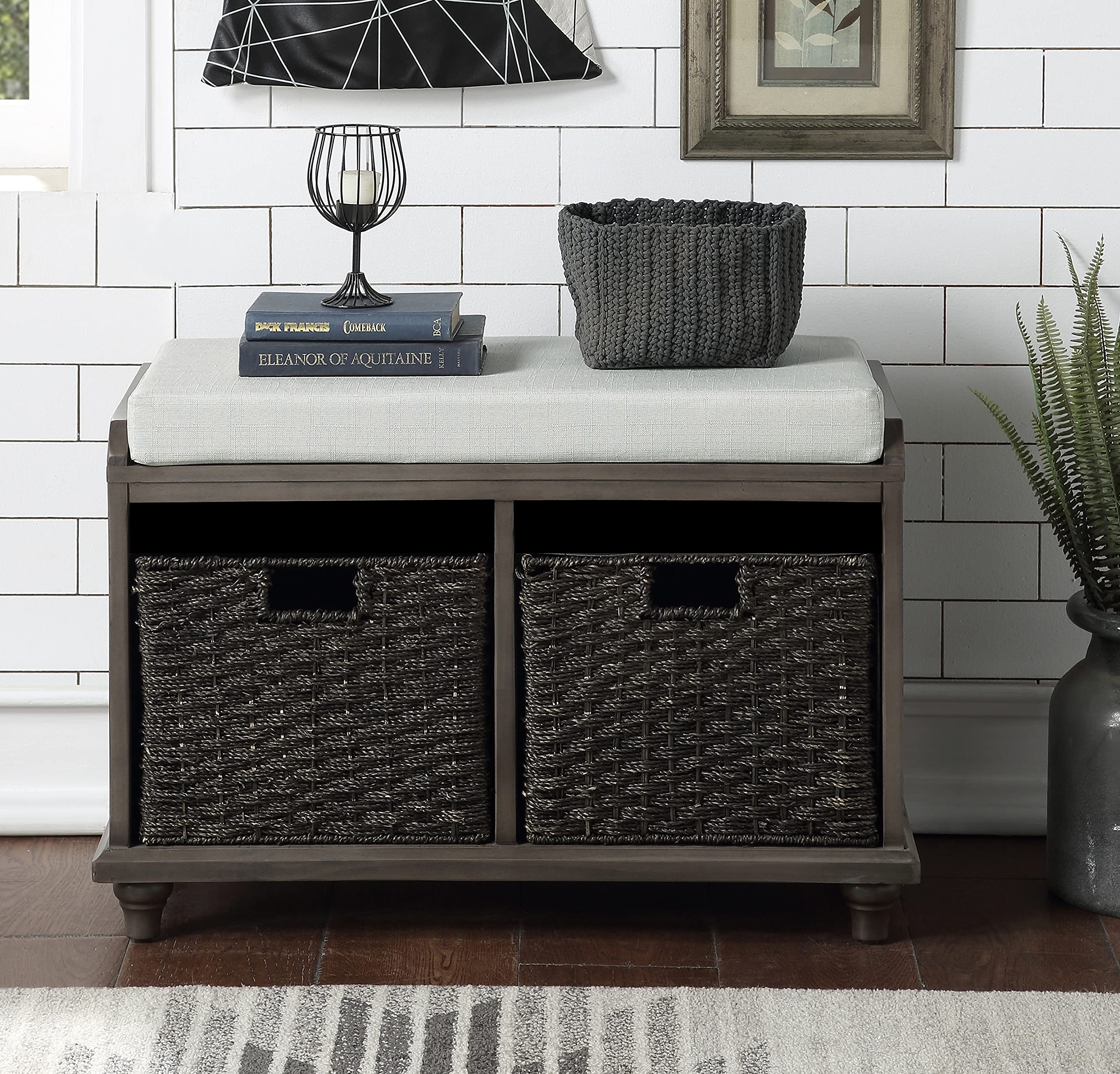 Shoe Storage Bench with 2 Woven Baskets - Fully Assembled Entryway Bench with Removable Cushion - Solid Wood Hallway Organizer for Shoes & Living Room Decor (Gray) - Perfect for Small Spaces & Apartment Entryways