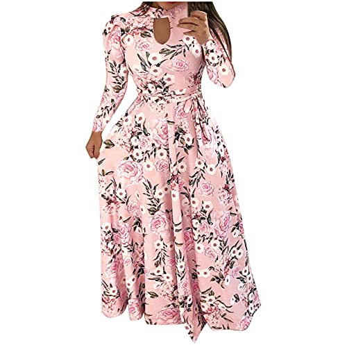 Women's Long Sleeve Maxi Dress - Floral Boho Print Casual Crewneck High Waist Elastic Beach Dress with Belt | Perfect for Summer Vacations, Beach Weddings & Boho Fashion