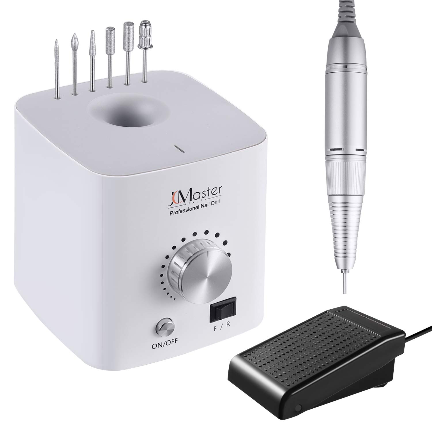 JCMASTER Professional Electric Nail Drill Kit - 30000 RPM Adjustable Speed with Foot Pedal, 6 Nail Drill Bits, Low Vibration Manicure & Pedicure Set for Salon & Home Nail Care, Nail Art & Acrylics