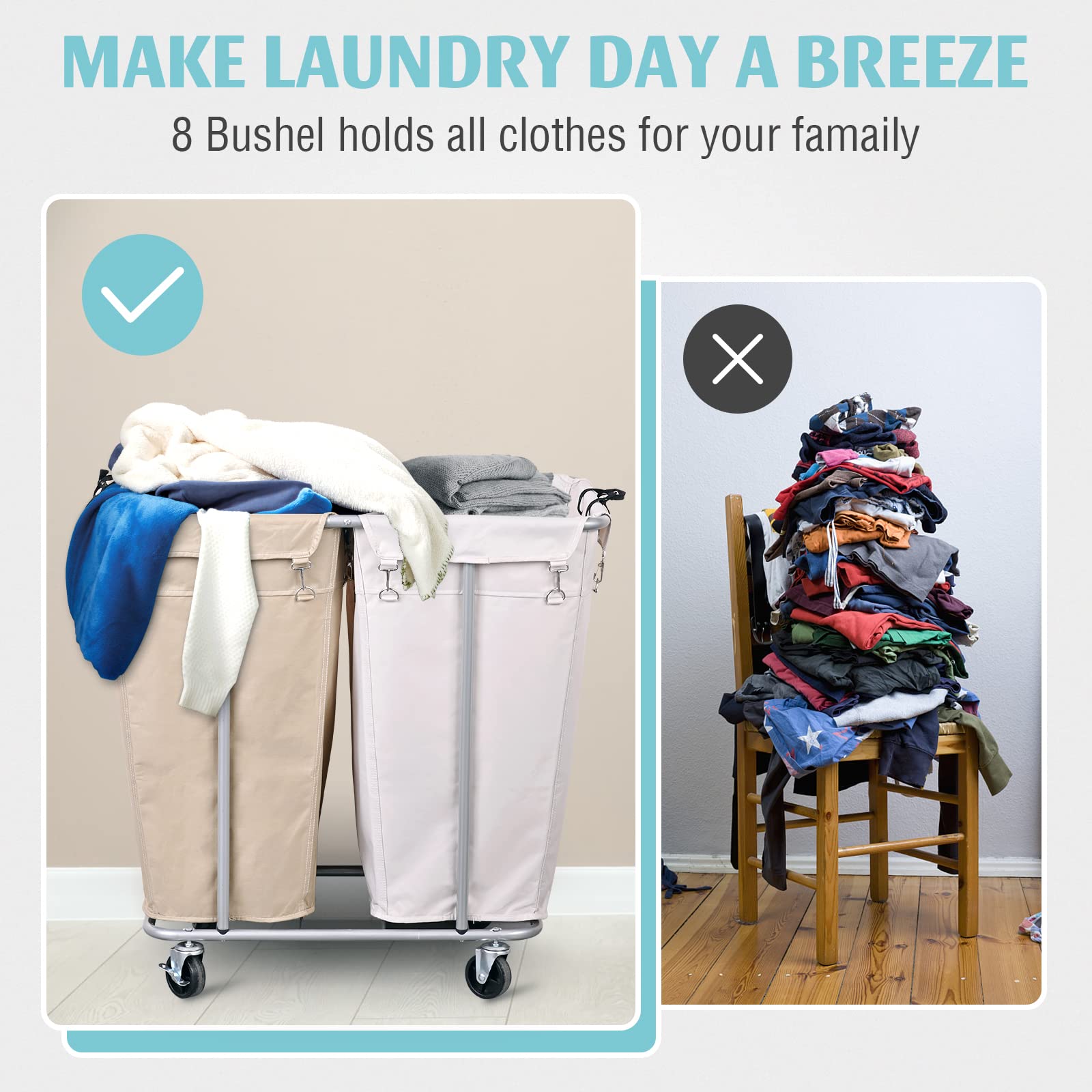 PLKOW 280L Large Rolling Laundry Cart with Wheels - 2 Section Commercial & Home Laundry Sorter with Steel Frame & Removable Bags (8 Bushel, 32.3