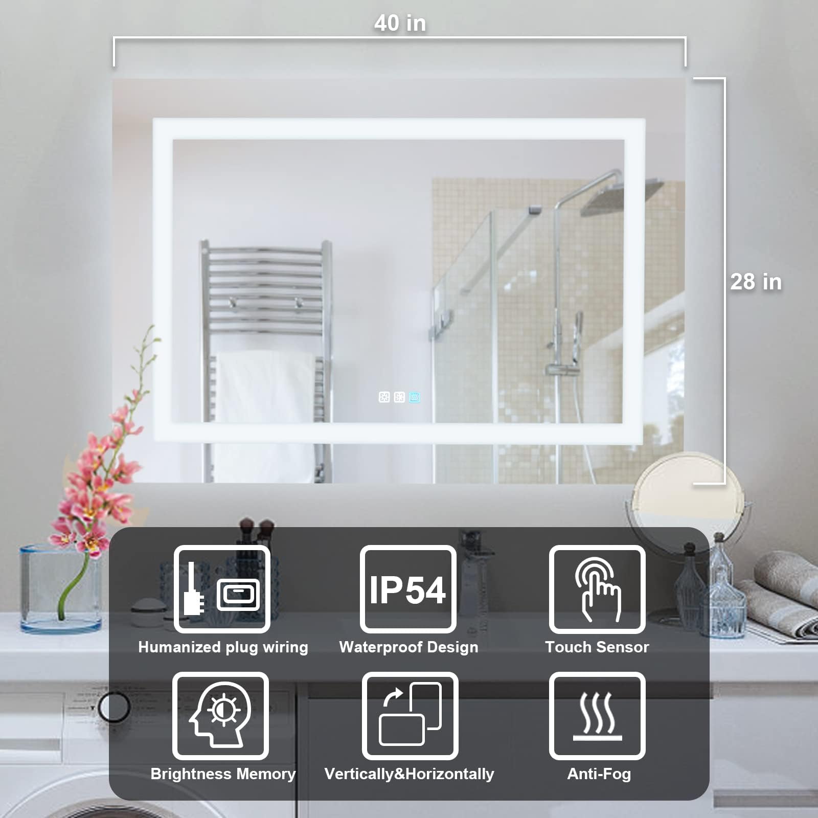 30X36 Inch LED Bathroom Mirror with Lights - Dimmable Anti-Fog Vanity Mirror with Memory Function, Front Lit Wall Mounted Mirror, Sand Matte White Finish & Waterproof Glass - Perfect for Makeup, Shaving & Home Decor