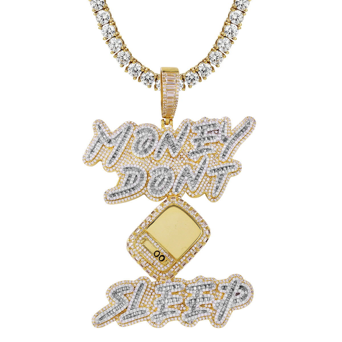 Money Don't Sleep Sterling Silver Baguette Icy Pendant Necklace - Elegant Icy Jewelry for Women, Perfect for Parties & Special Occasions