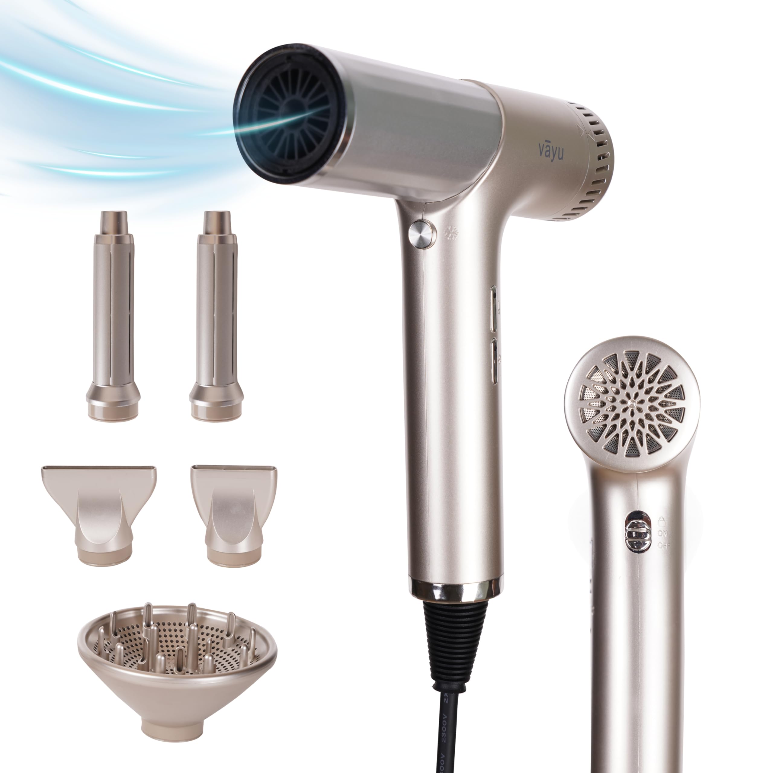 Professional Ionic Hair Dryer with Diffuser - 5 Attachments for Wavy, Straight & Curly Hair - Fast Drying, Frizz Control, Quiet & Lightweight (70% Lighter) - Perfect for Home, Salon & Travel Use