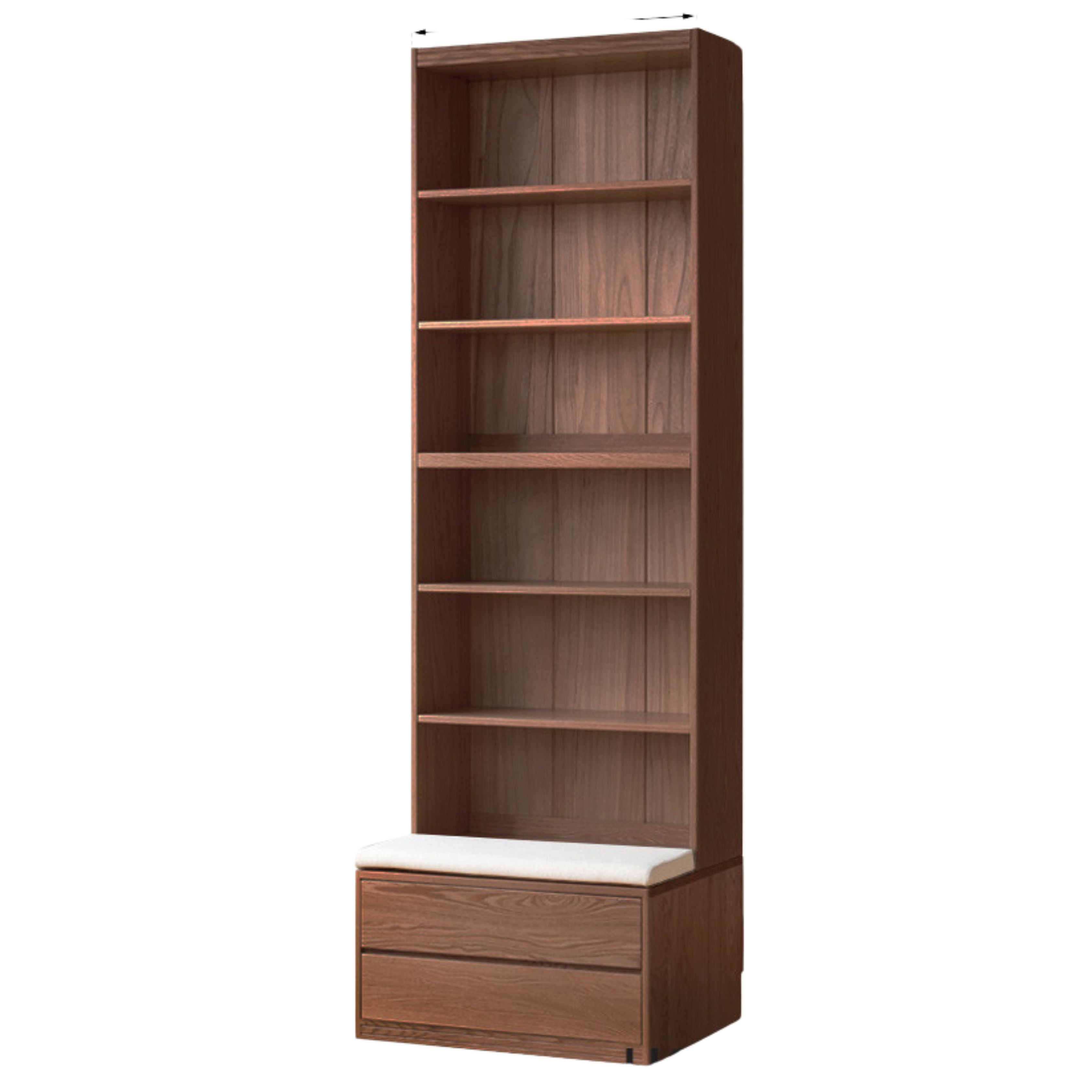 Solid Black Walnut Wood Wall-to-Wall Bookshelf with Built-in Seat - Modern Luxury Home Office & Living Room Storage Solution