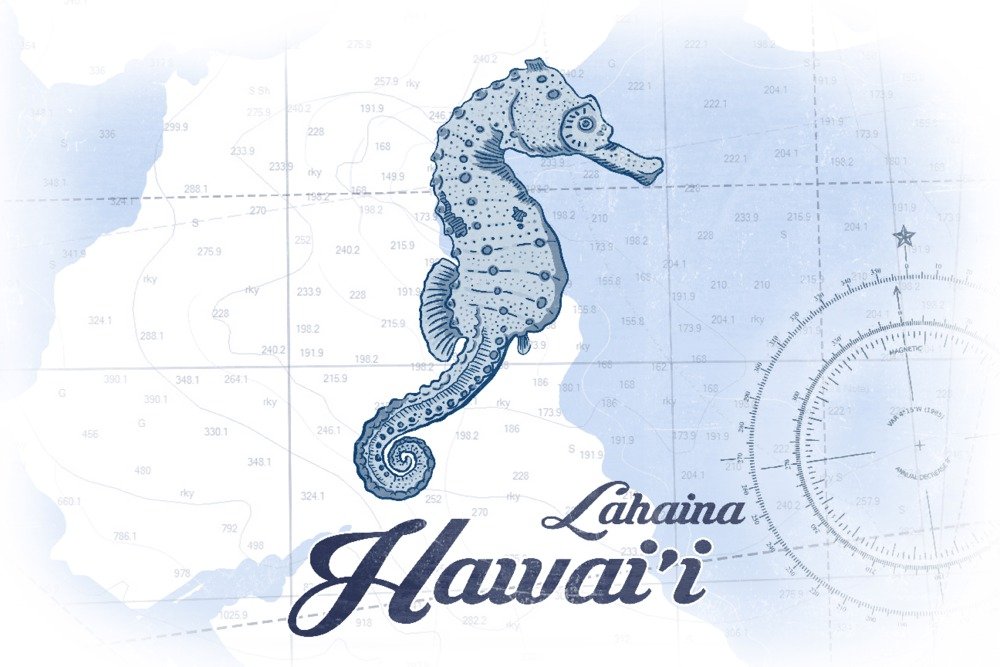 Signed Lahaina Hawaii Seahorse Blue Coastal Icon 71717 Art Print - 24x36 Wall Decor Poster for Beach House, Coastal Living Room & Nautical Bedroom