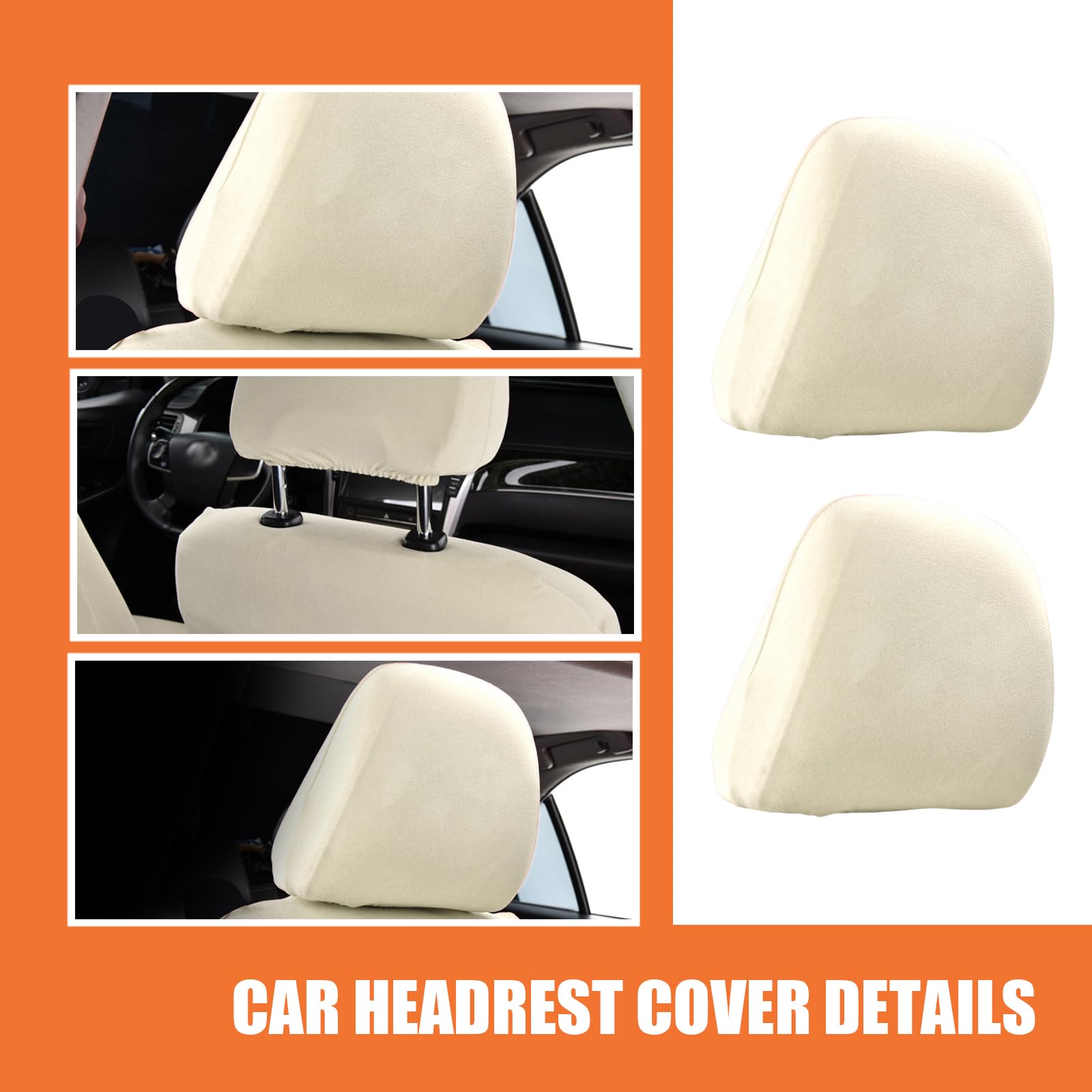 2 Pack Universal Car Seat Headrest Covers - Reusable Stretchable Headrest Protectors, Anti-Dirty Fully Wrapped Car Accessories (Beige Velvet) - Perfect for Road Trips, Daily Commute & Protecting Leather Seats