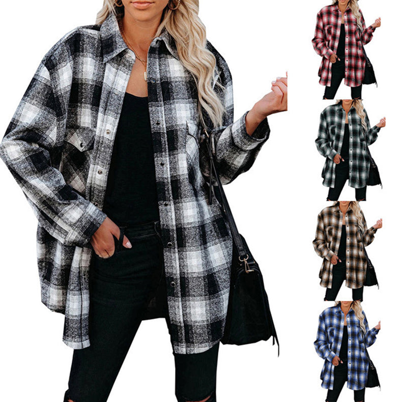 Women's Plaid Shirt Spring Loose Fit Mid-Length Blouse with Turndown Collar - Casual Outfit for Work, Dating & Everyday Wear