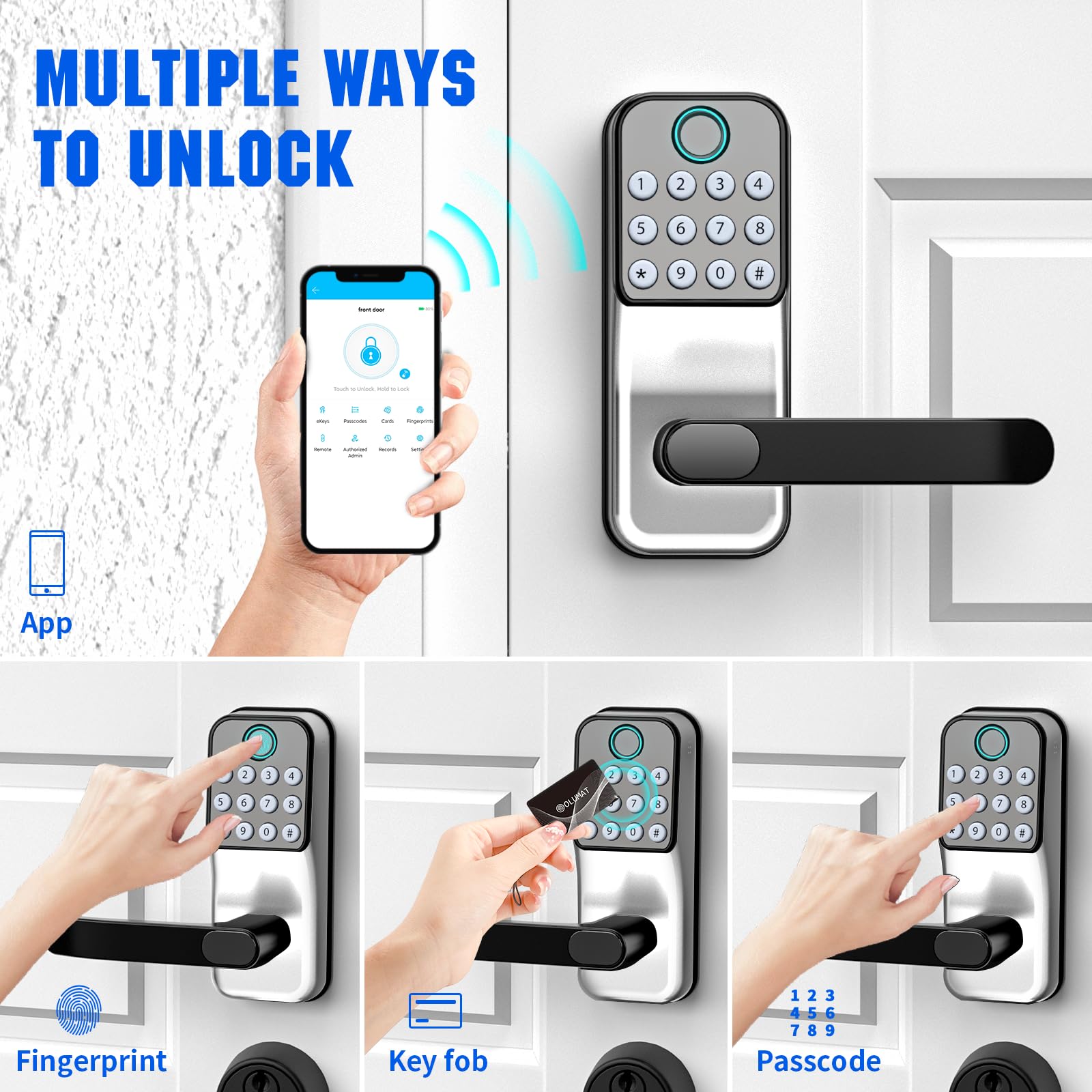 Smart Lock for Front Door - Olumat Keyless Entry Digital Lock with Fingerprint, Keypad & APP Control | Secure Handle Door Lock for Home, Office & Garage | Ideal for Smart Home Security & Hands-Free Access