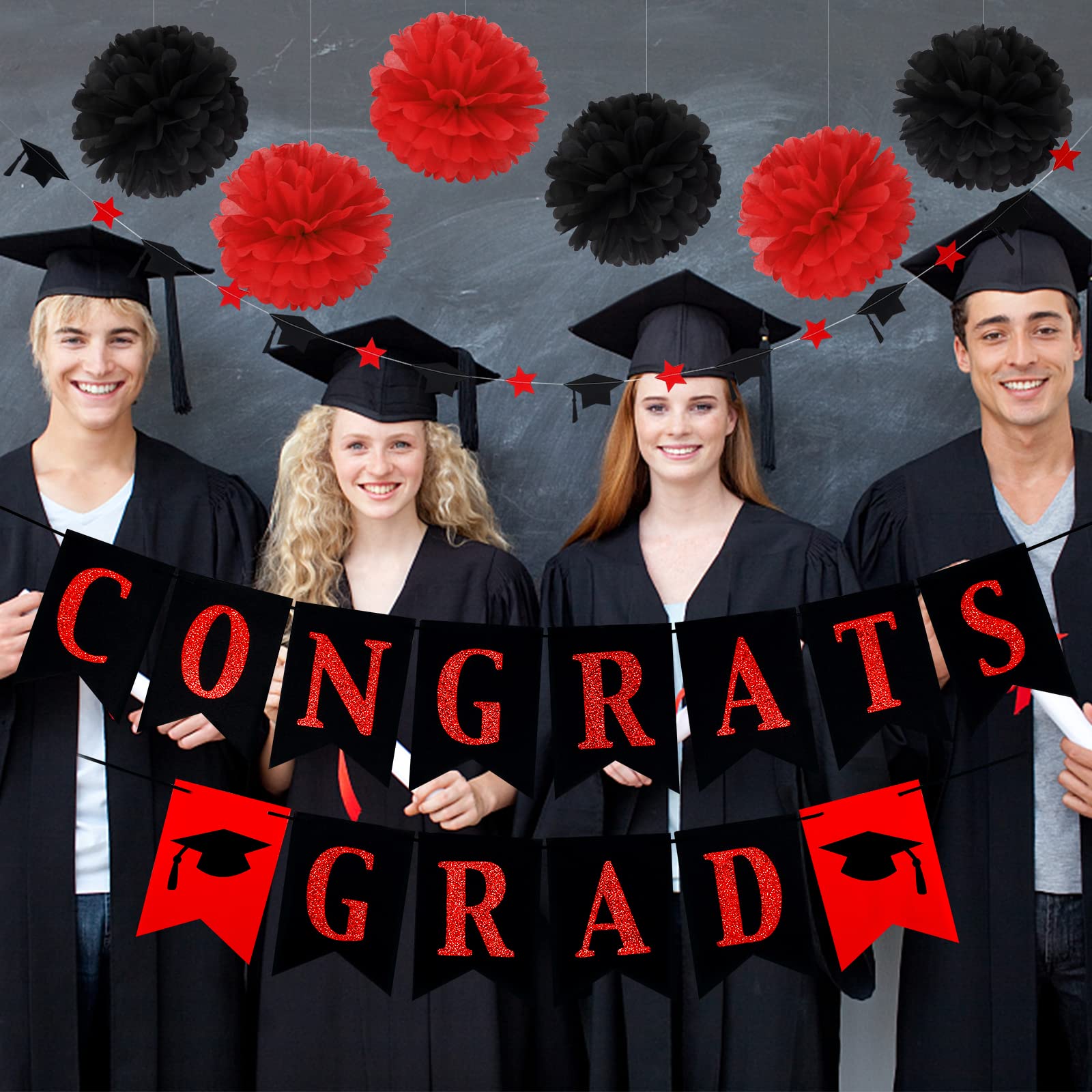 Red and Black Congrats Grad Banner - Graduation Party Decorations for 2024 | Perfect for High School & College Graduation Celebrations, Commencement Ceremonies & Photo Backdrops