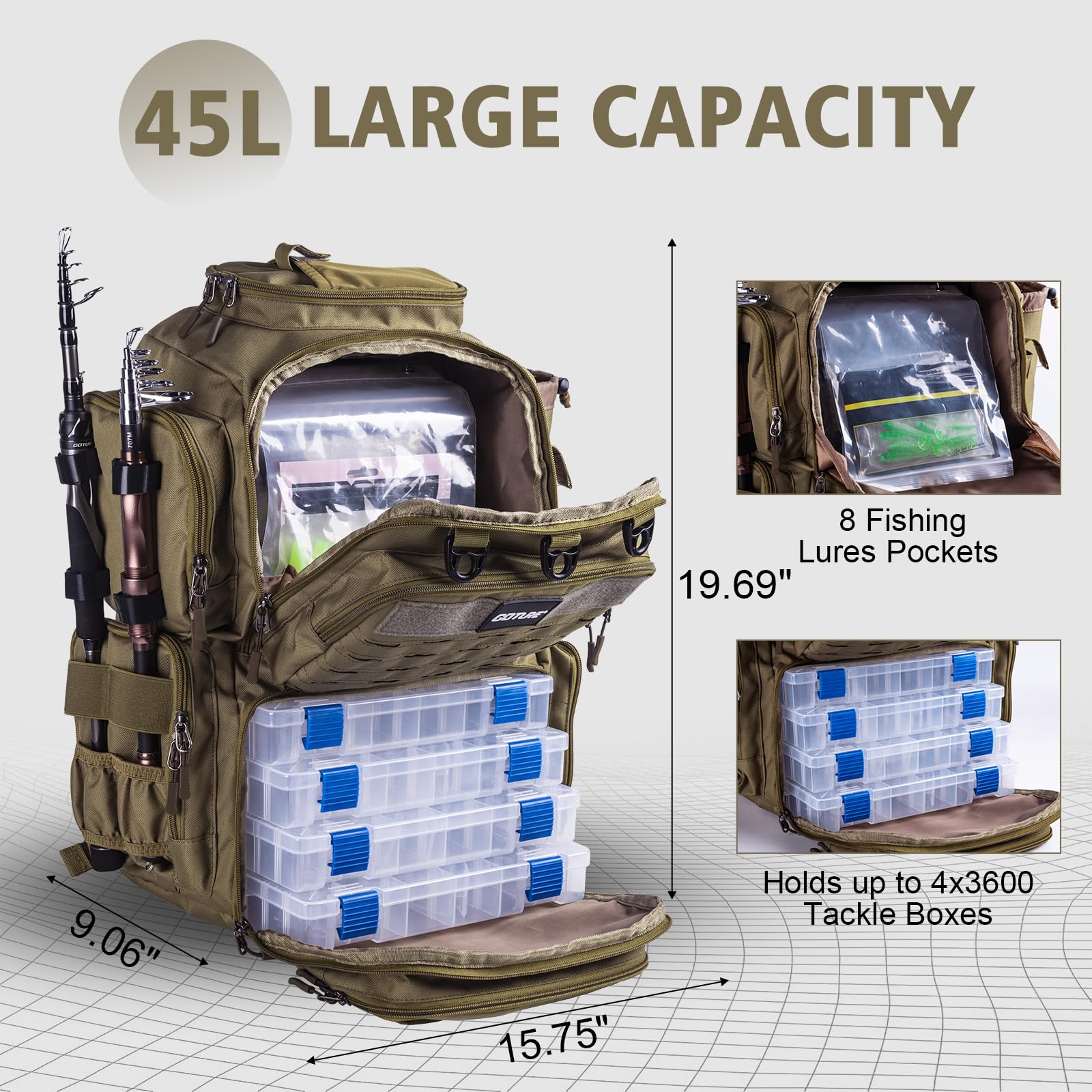 Goture 45L 600D Large Fishing Backpack with 4 Tackle Boxes & Rod Holders - Waterproof Fishing Gear Storage Bag with 8 Lure Pockets & Rain Cover - Perfect for Camping, Hiking, Bass Fishing and Outdoor Adventures