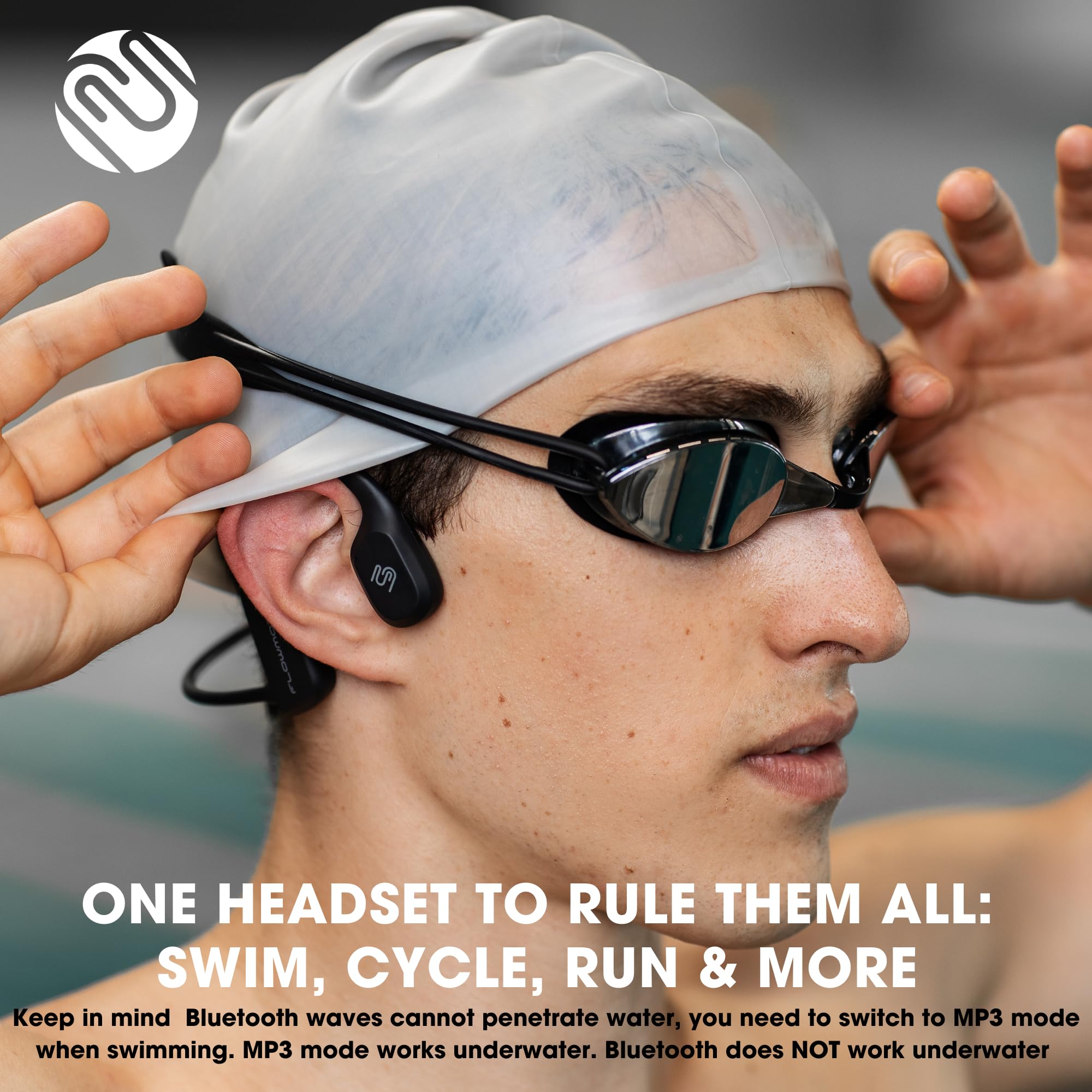 FlowMotion M1 Open-Ear Bluetooth Bone Conduction Headphones with 32GB MP3 Player | IP68 Waterproof | Secure Fit for Swimming, Running, Cycling & Gym Workouts | Built-in Mic | Perfect for Outdoor Sports & Water Activities