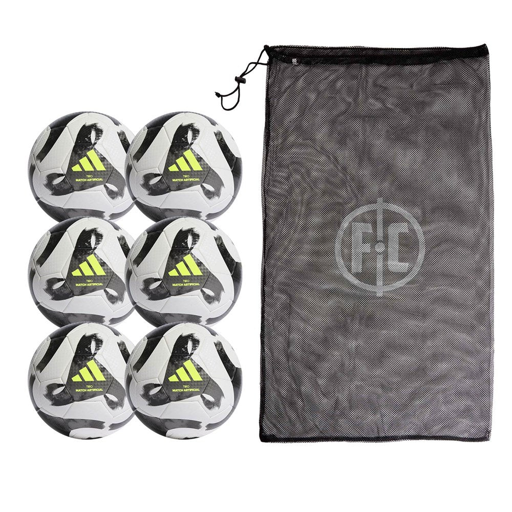 Adidas Tiro League Artificial Ground Football - 6 Balls & Carry Bag Bundle (White/Black/Iron Metallic/Solar Yellow) | Perfect for Team Training, Soccer Practice & Youth Football Games