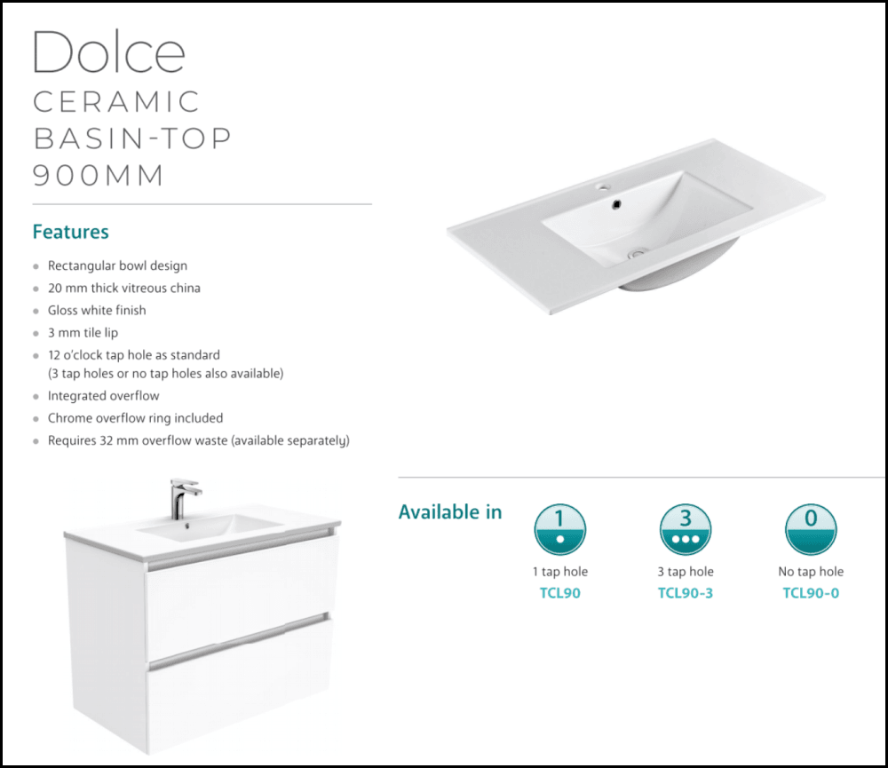 Fienza Dolce TCL90CR 900mm White Bathroom Vanity with Fingerpull & Kickboard - Right Drawers Design for Modern Home Bathroom Remodeling