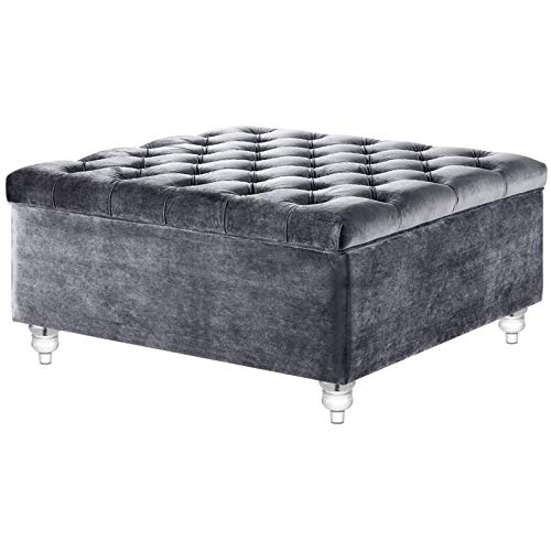 Gray Velvet Tufted Storage Ottoman - Footrest & Seat for Living Room