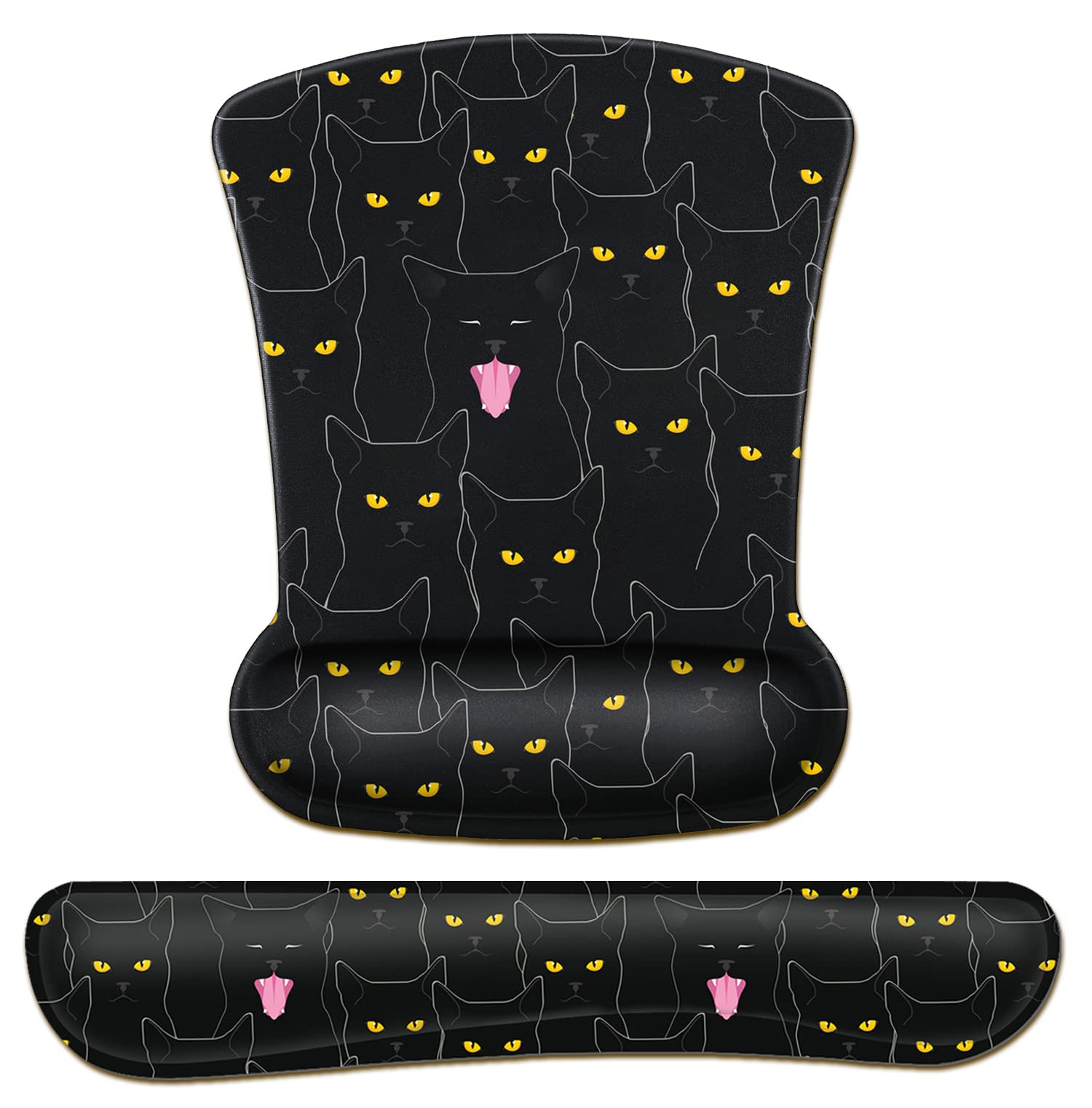 Ergonomic Black Mouse Pad with Wrist Guard & Keyboard Rest - Cute Cat Pattern Gel Mousepad for Computer, Laptop, Home Office & Gaming - Relieves Wrist Fatigue & Enhances Comfort During Long Work Sessions