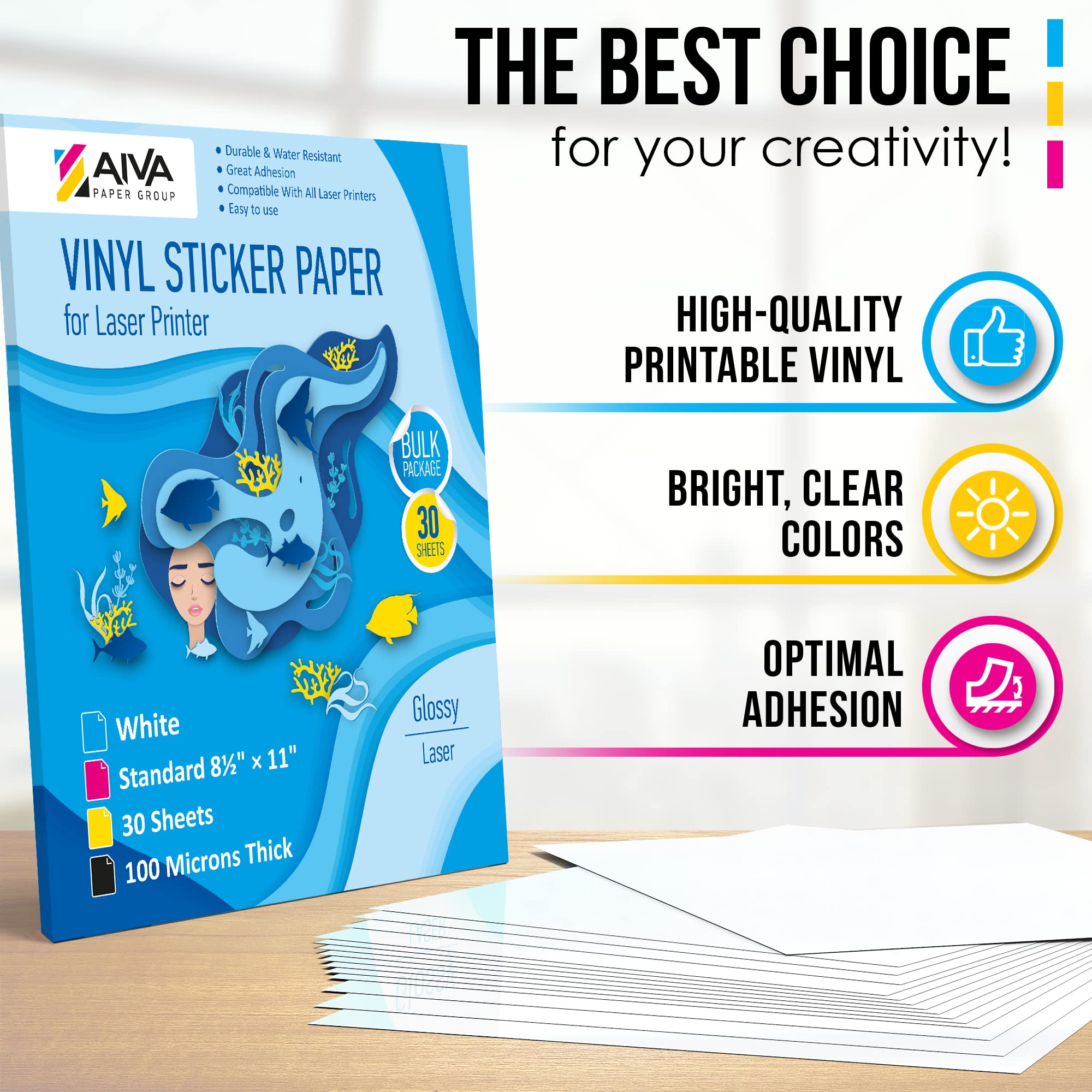 Laser Printer Printable Vinyl Sticker Paper - Glossy White Waterproof Decal Sheets - 30 Pack Self-Adhesive 8.5