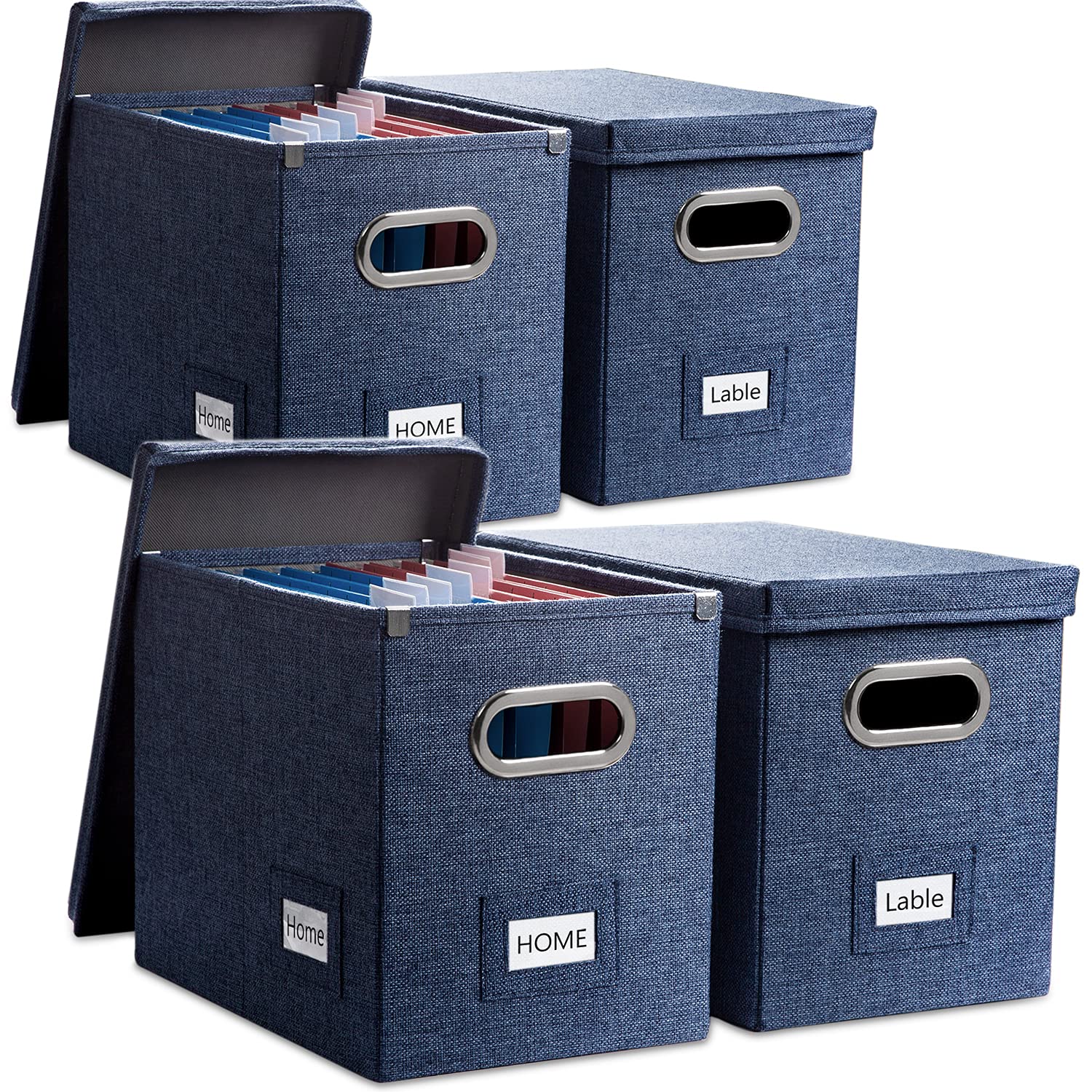 PRANDOM File Organizer Box Set of 4 - Collapsible Linen Storage Bins with Lids for Office, Home & School - Navy Blue Hanging File Folders (14x9.3x10.8 inches) - Perfect for Desk Organization, Document Storage & Cabinet Filing Systems
