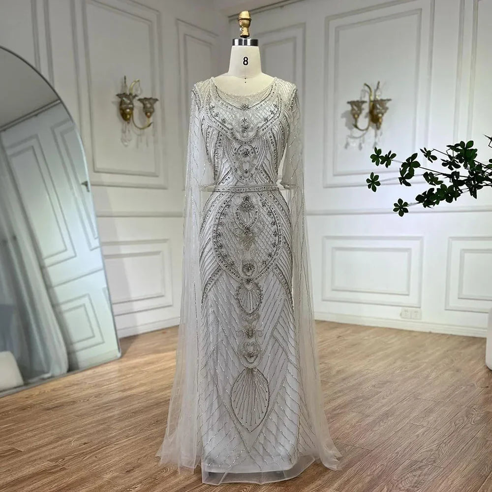 Elegant Dubai Arabic Green Mermaid Evening Dress with Beaded Cape Sleeves - Women's Luxury Party Gown for Special Occasions, Weddings & Red Carpet Events LA72562