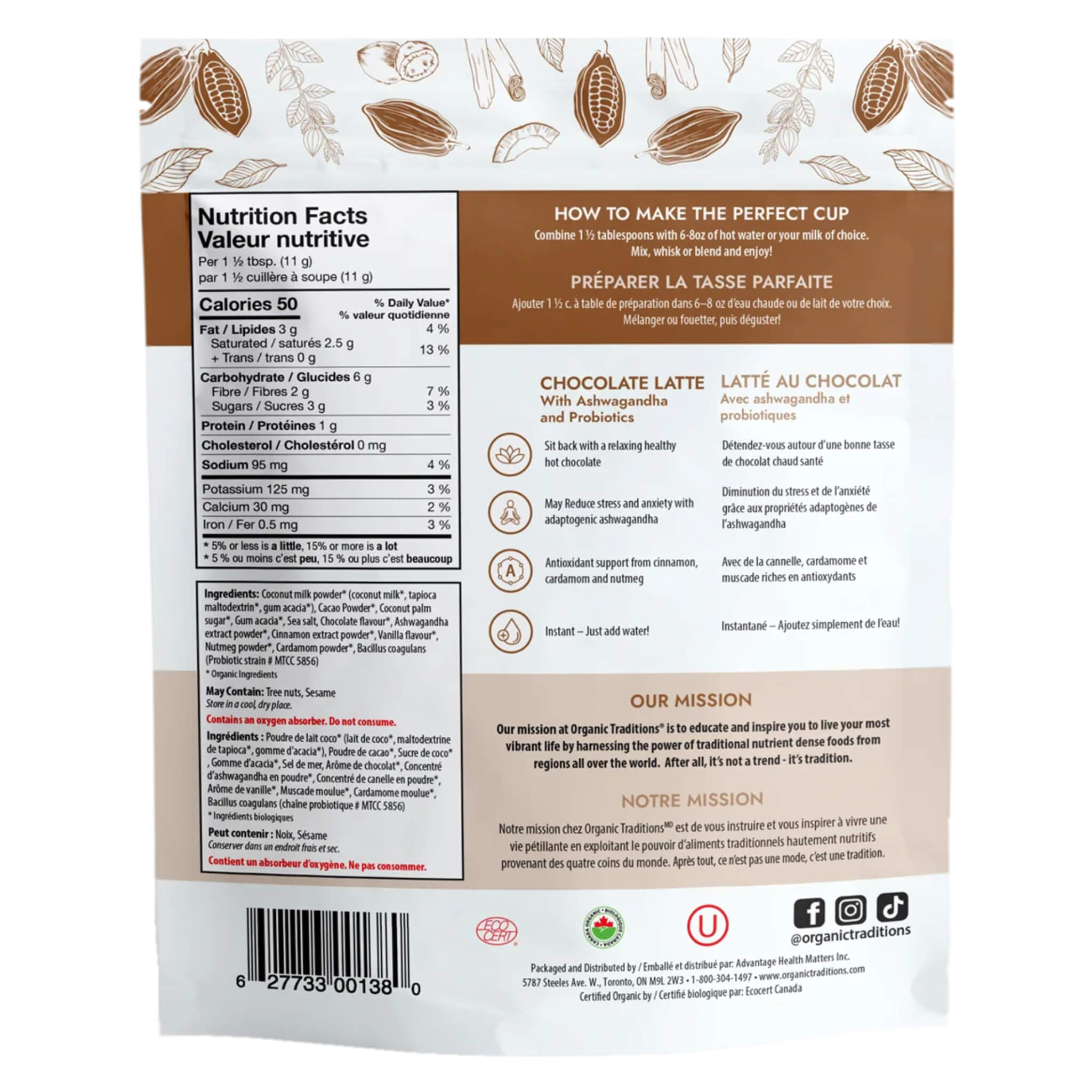 Organic Chocolate Latte with Ashwagandha & Probiotics for Stress Relief & Gut Health - Perfect for Morning Boost or Afternoon Pick-Me-Up