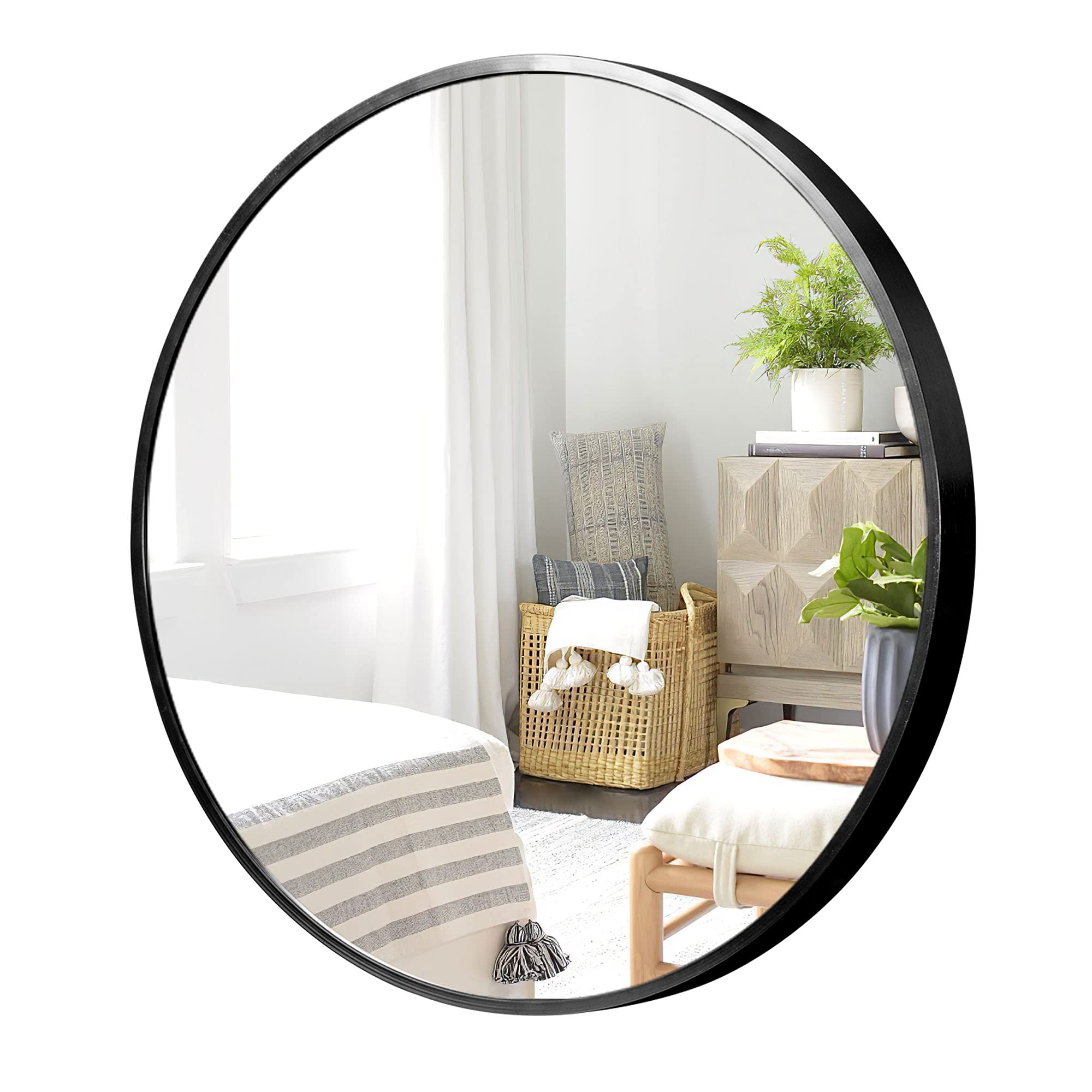 KIAYACI 32 Inch Round Wall Mirror with Aluminum Alloy Frame - Shatterproof Glass for Bathroom, Living Room & Bedroom Decor - Perfect for Vanity, Entryway & Home Decoration (Black)