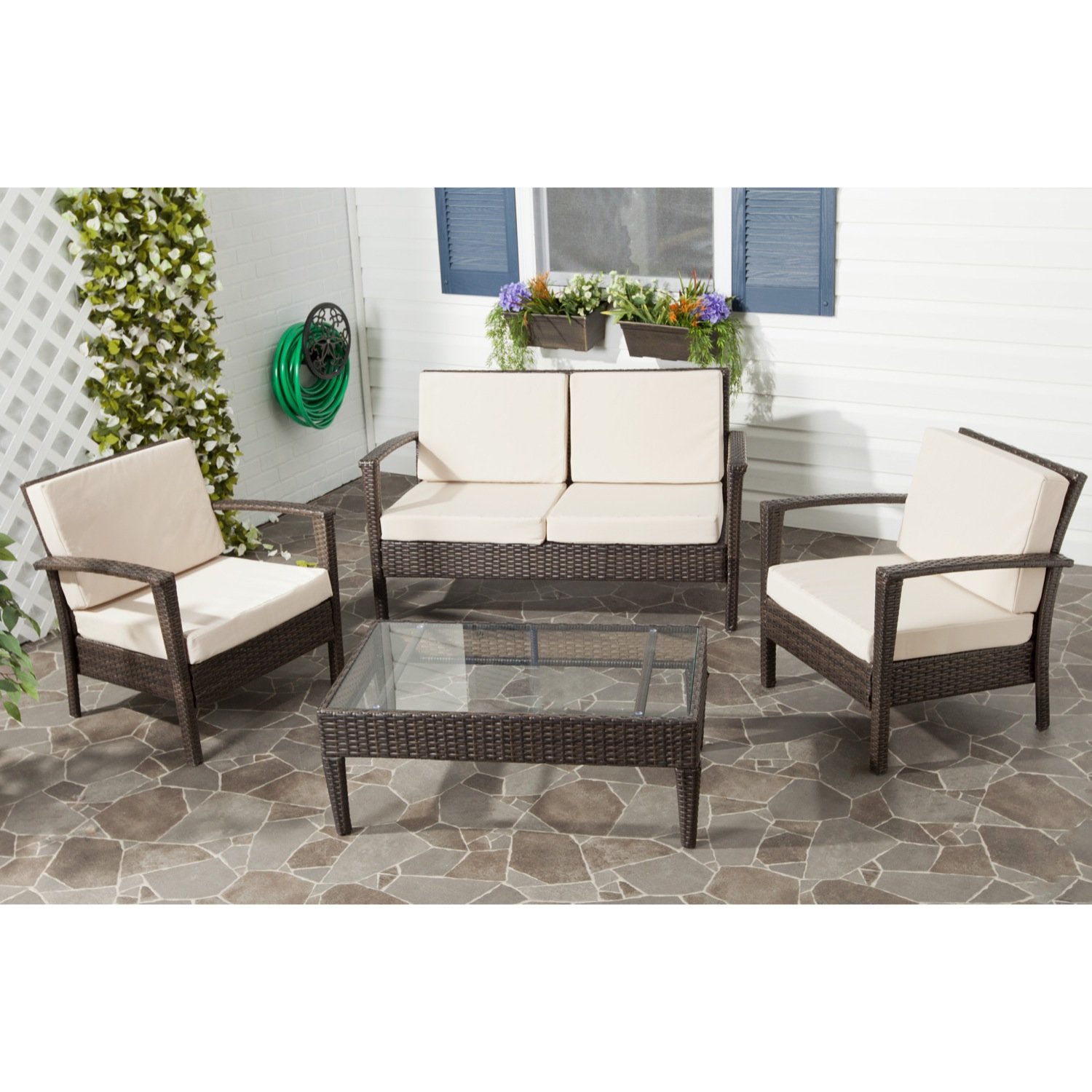 Safavieh Outdoor Collection Piscataway 4-Piece Wicker Patio Set in Brown & Beige with Linen Grey Cushions - Perfect for Backyard, Garden, and Poolside Relaxation