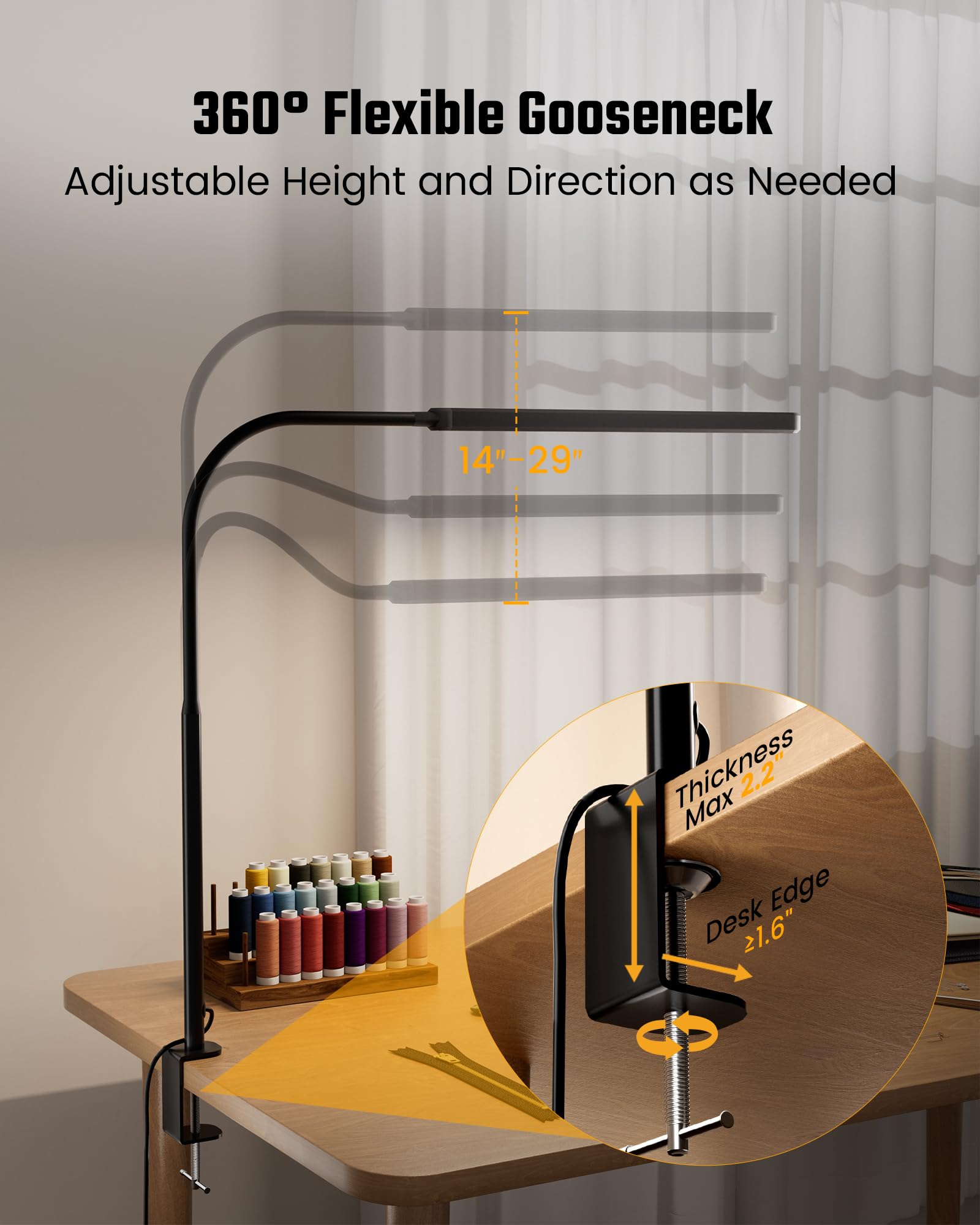 **SuperDanny Eye-Caring LED Desk Lamp - 360° Adjustable Gooseneck, Touch Control, 3 Light Modes & Dimmable - Perfect for Home Office, Study, Dorm & Reading (Black)**    *(Ideal for late-night work, studying, crafting, or cozy reading - reduces eye strain with flicker-free lighting!)*