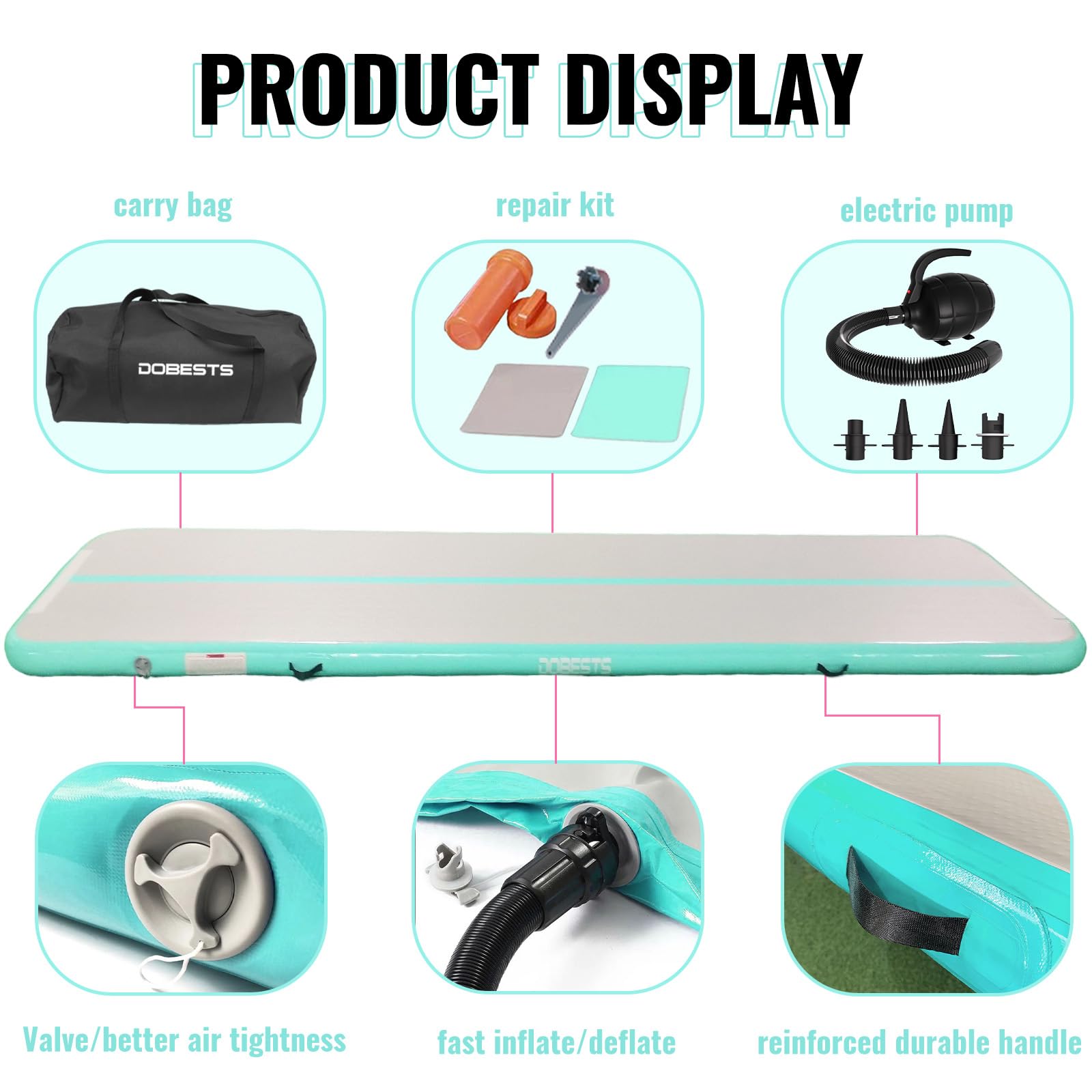 DOBESTS Inflatable Gymnastics Mat - 6.6ft to 20ft Air Track Tumbling Mat with Electric Pump - 4/8 Inch Thick for Home Gym, Cheerleading & Backyard Training - Perfect for Gymnastics, Yoga, Parkour and Kids Play