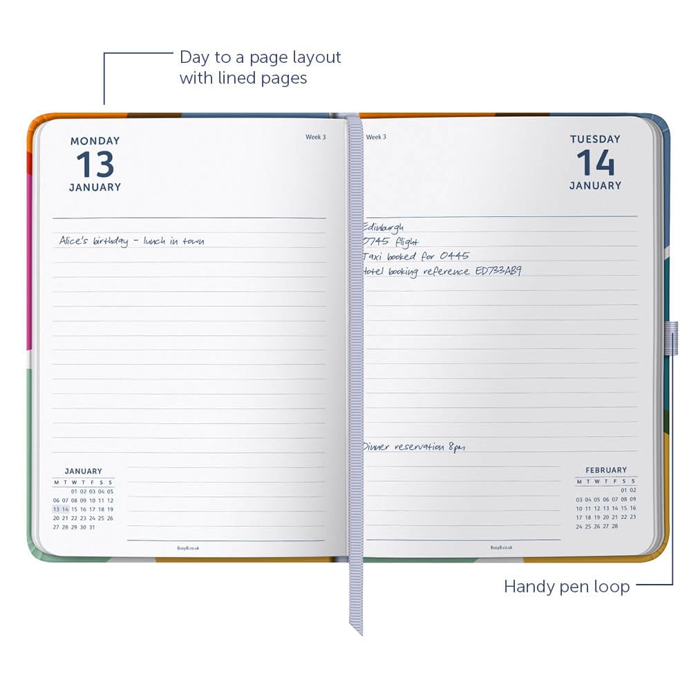 Busy B Mid Year Day a Page Diary August 2024 - August 2025 | A5 Daily Planner with Pen Holder, Elastic Closure & Year Planner | Perfect for Work, School & Personal Organization