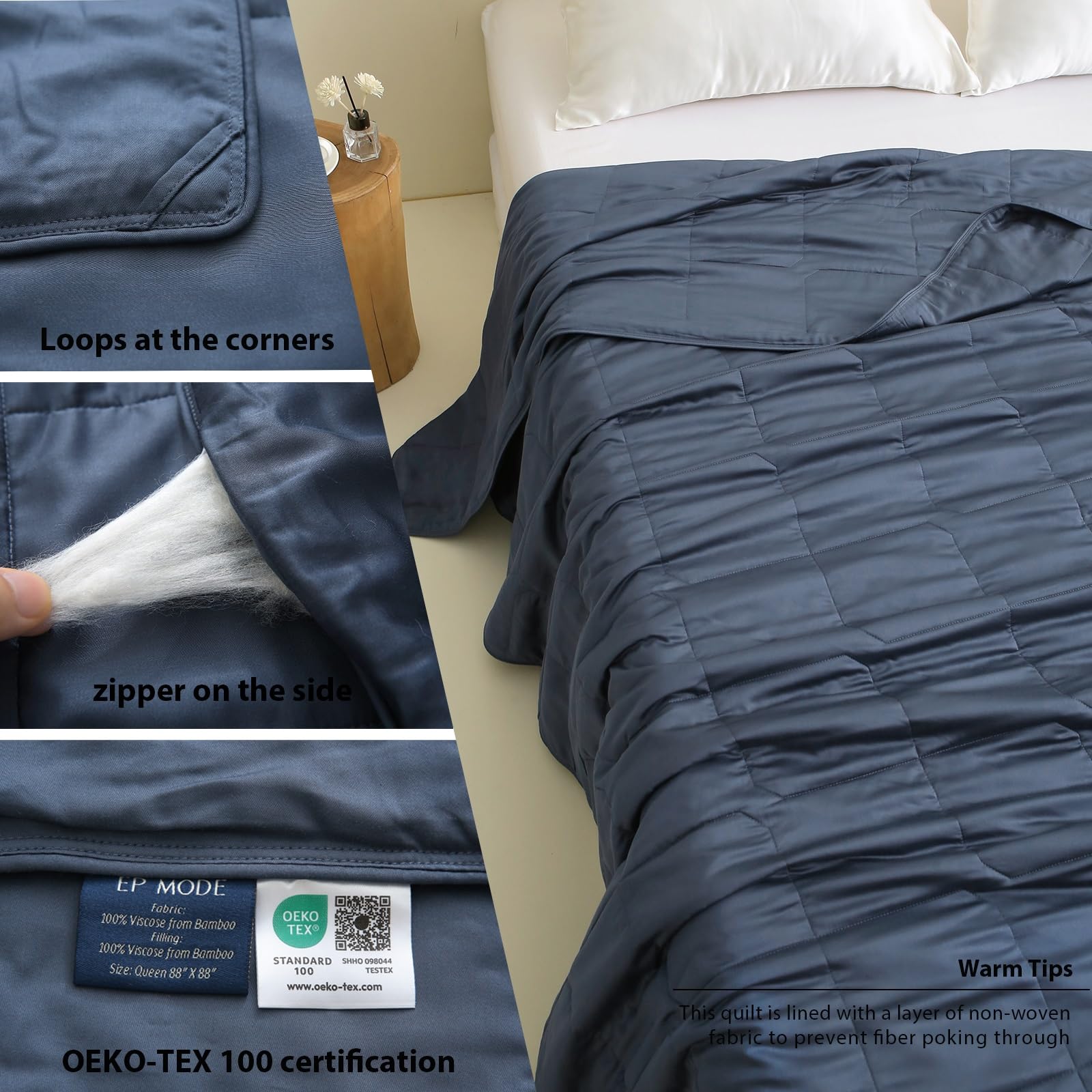EP Mode Lightweight Summer Quilt Blanket - 100% Bamboo Viscose Fabric & Filling, Breathable & Natural - Navy Blue Twin Size | Perfect for Bedroom, Guest Room & Travel