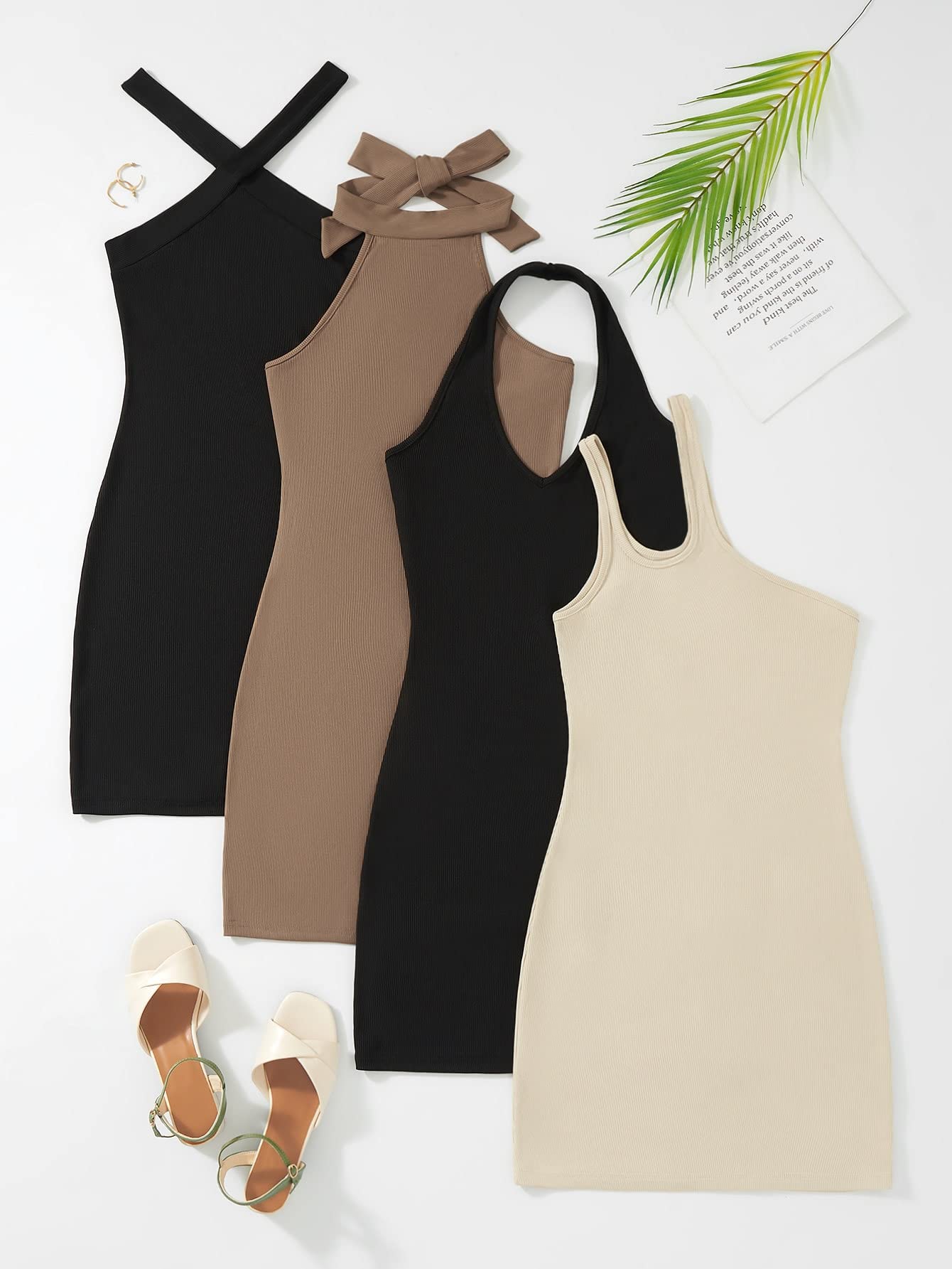 FDSUFDY Women's Rib-Knit Bodycon Dress 4-Piece Set - Size Large | Slim Fit Stretchy Party & Club Wear