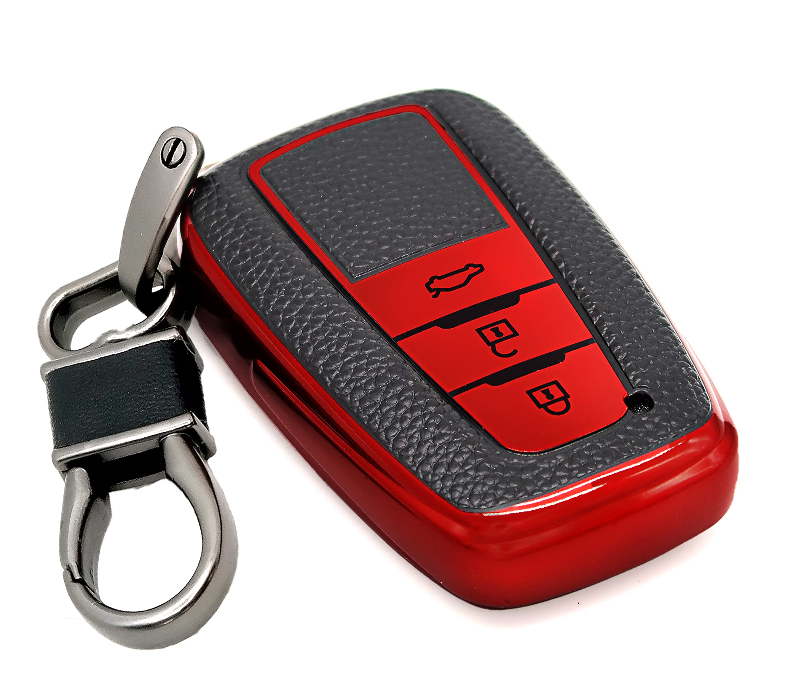 Premium Leather Keychain & Soft TPU Key Fob Cover for Toyota Camry, Highlander, RAV4, Corolla, Avalon, C-HR - Durable Smart Remote Keyless Shell Case (Red) - Perfect for Daily Use, Car Protection & Key Organization