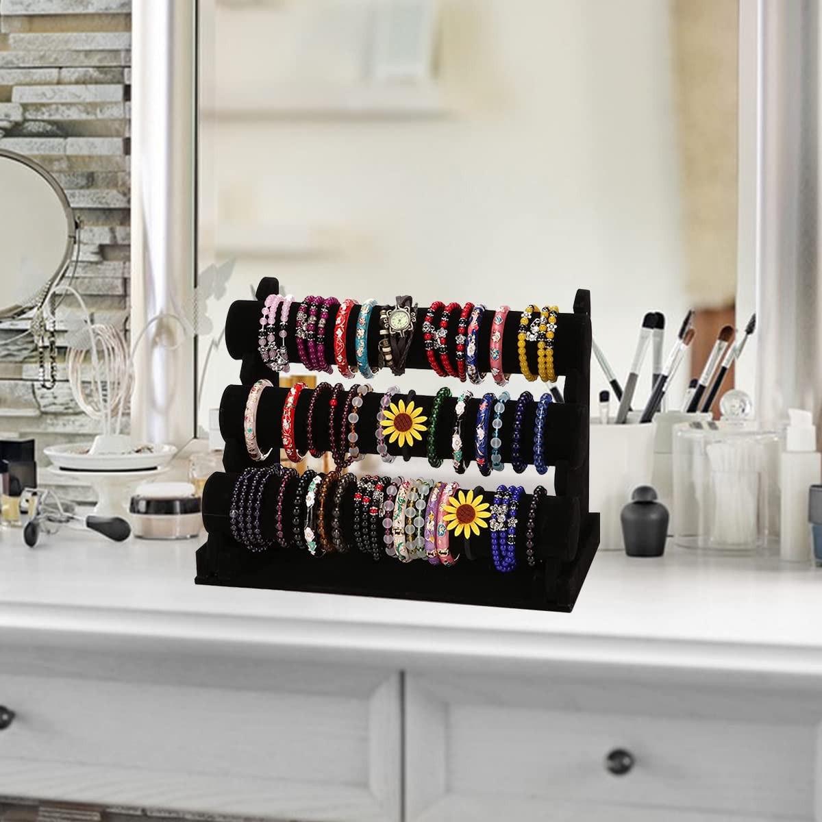 3-Tier Black Velvet Jewelry Display Stand - Forever Lover Bracelet Holder with Detachable Rack for Necklaces, Bangles, Watches & Hair Accessories | Perfect for Vendor Booths, Boutique Displays & Home Organization