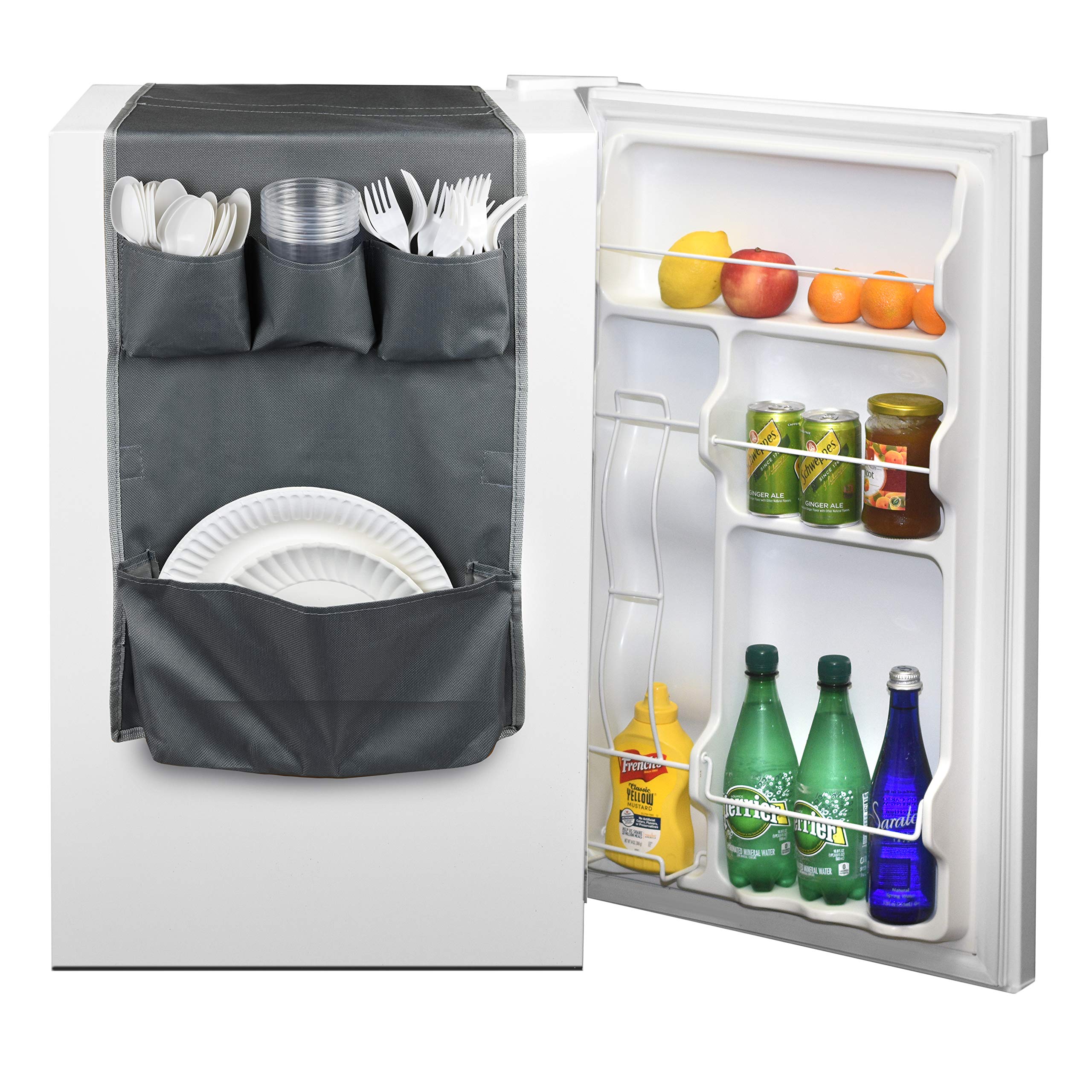 Classic Double Over the Fridge Caddy Organizer - 11-Pocket Storage for Dorm, Office & Kitchen - Paper Goods & Flatware Organizer in Gray - Perfect for Small Space Organization