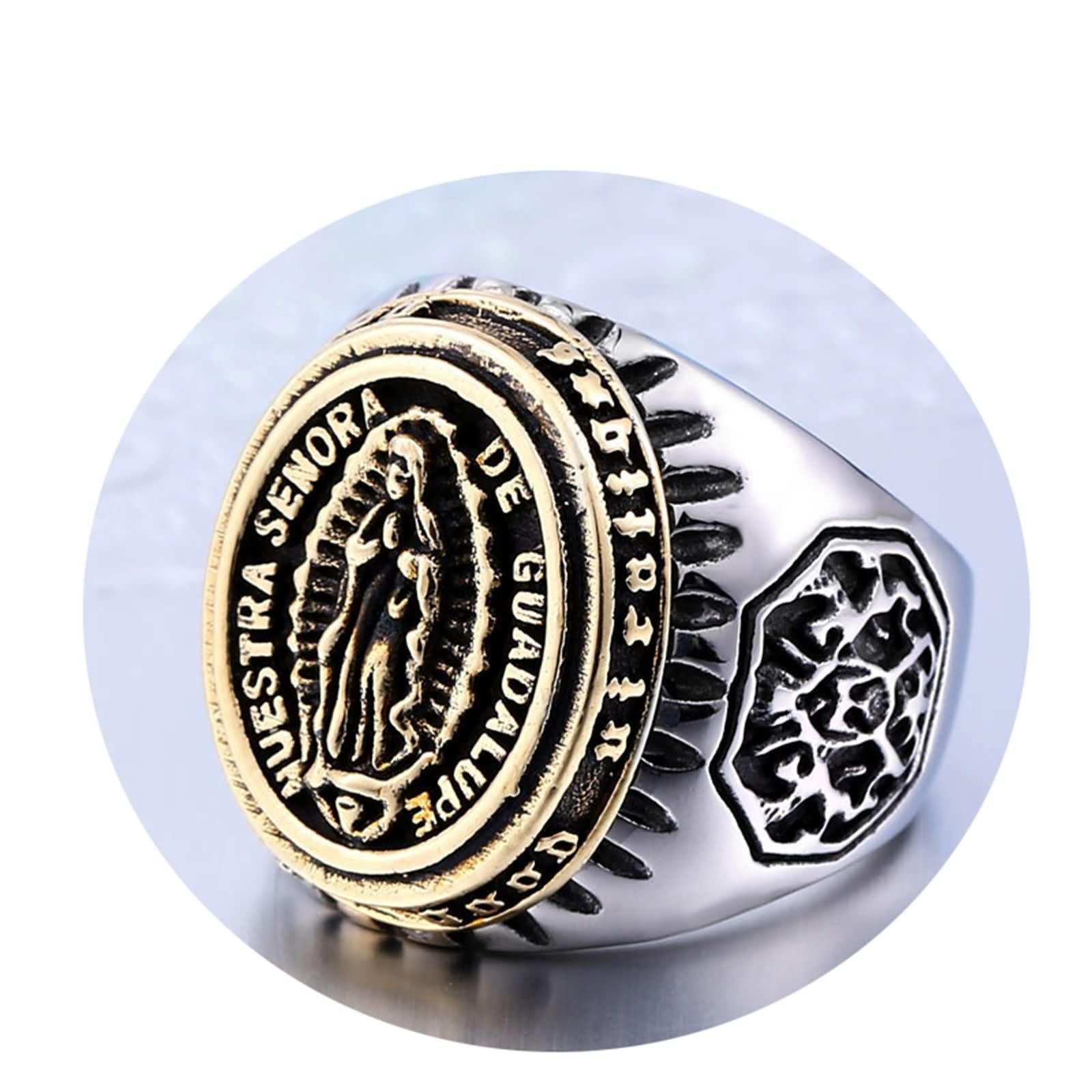 AueDsa Stainless Steel Men's Wedding Band Ring - Gold & Silver Virgin Mary Religious Ring - Size T 1/2 - Perfect for Engagement, Promise Rings & Religious Gifts