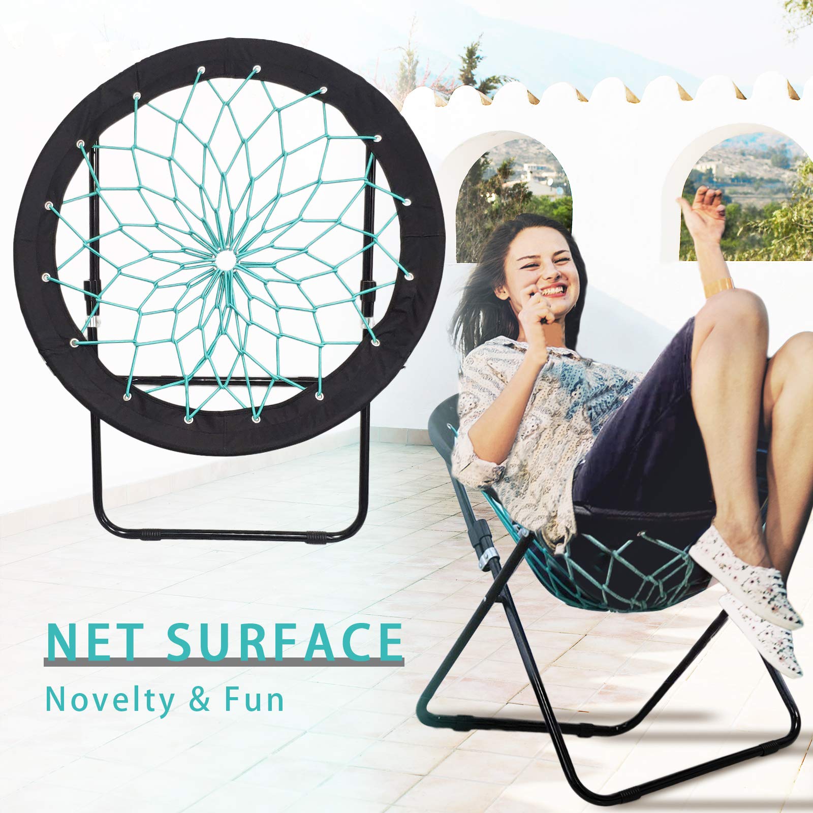 **Bungee Folding Dish Chair - Portable & Versatile Camping, Garden, and Indoor Lounge Chair - Comfortable Circle Web Design for Relaxation - Perfect for Backyard, Beach, and Dorm Room (Black)**