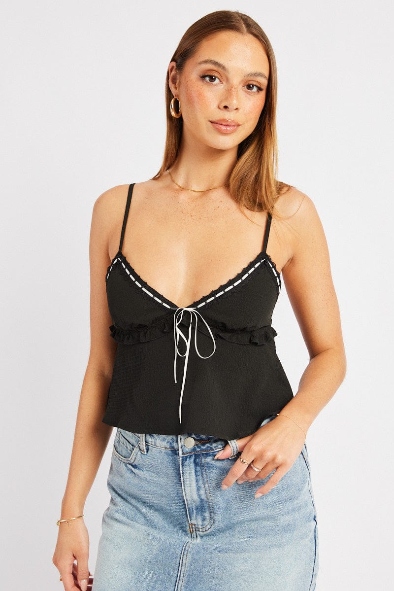 Elegant Black Cami Top with Ribbon Trim & Textured Frill Detail - Perfect for Layering, Date Nights & Casual Outfits