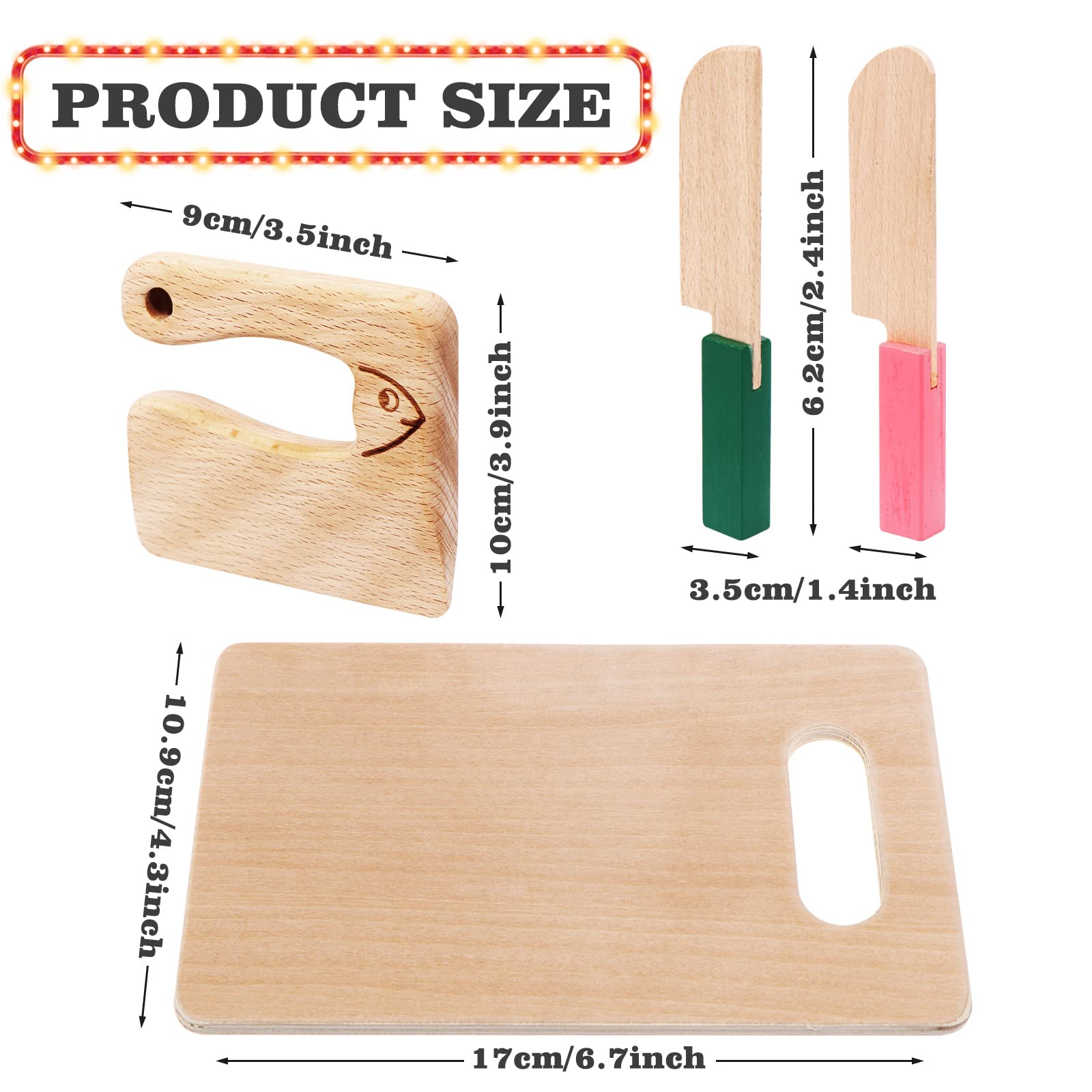 VAIPI 4-Piece Wooden Kids Knife Set - Safe Cooking Utensils for Children with Rectangle Cutting Board - Perfect for Chopping Veggies, Lettuce, Fruits, Salad & Cake - Ideal for Kids Kitchen Play & Early Cooking Skills Development